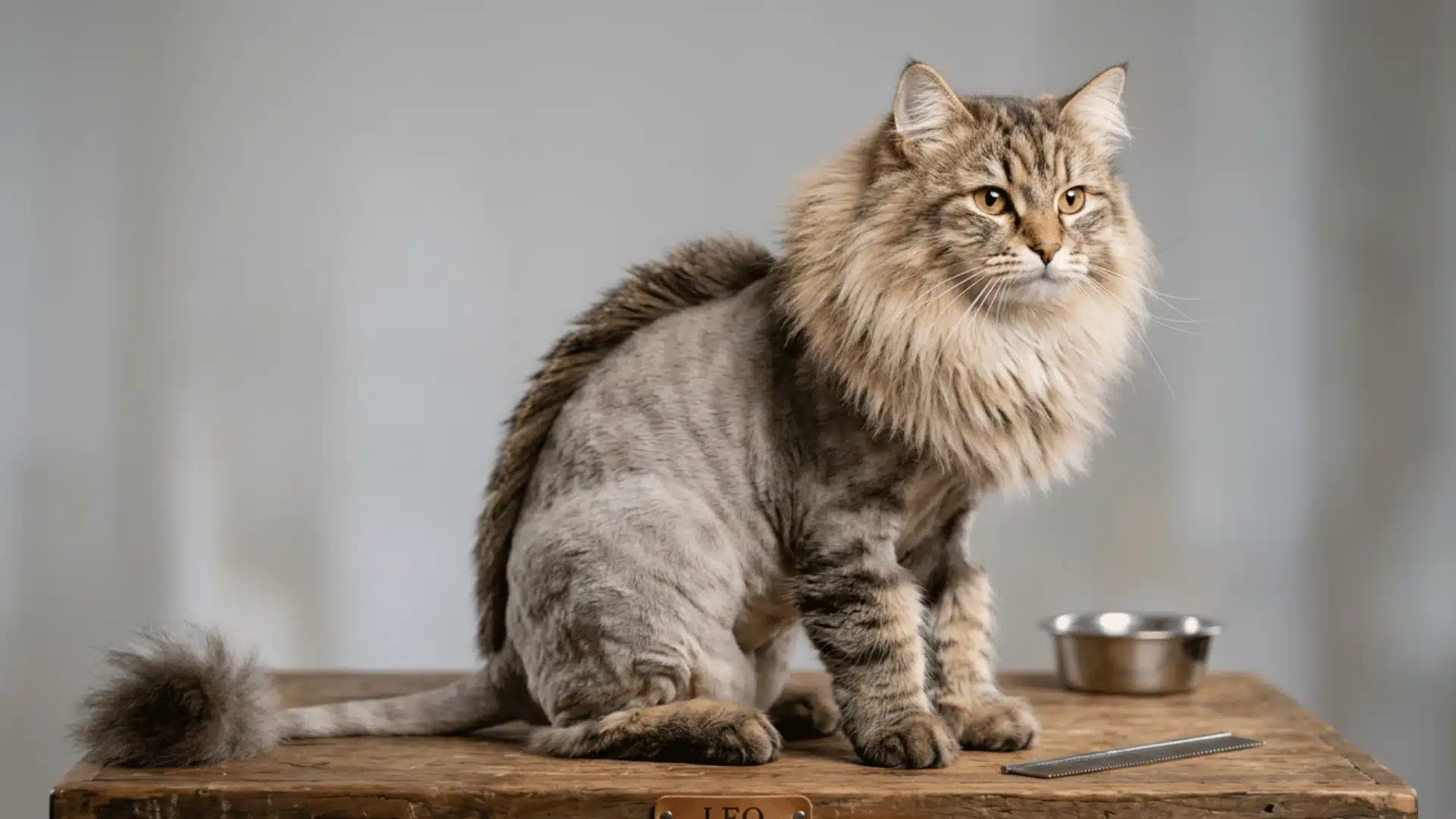 Siberian cat with Mohawk lion cut and raised back fur strip