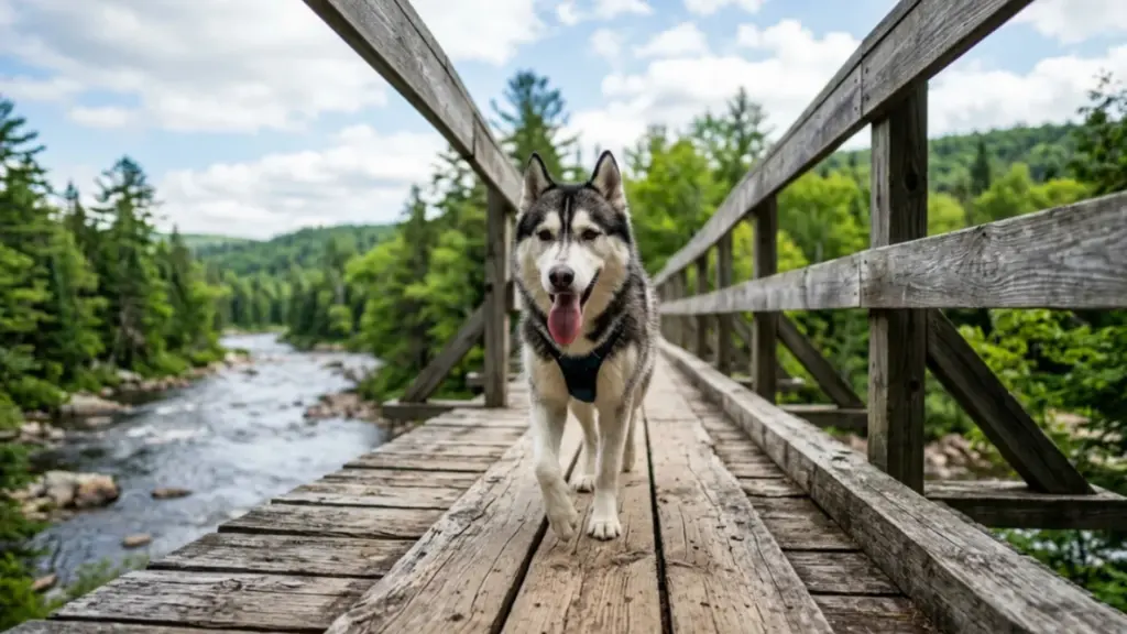 Siberian Husky walking across a wooden bridge over a forest river