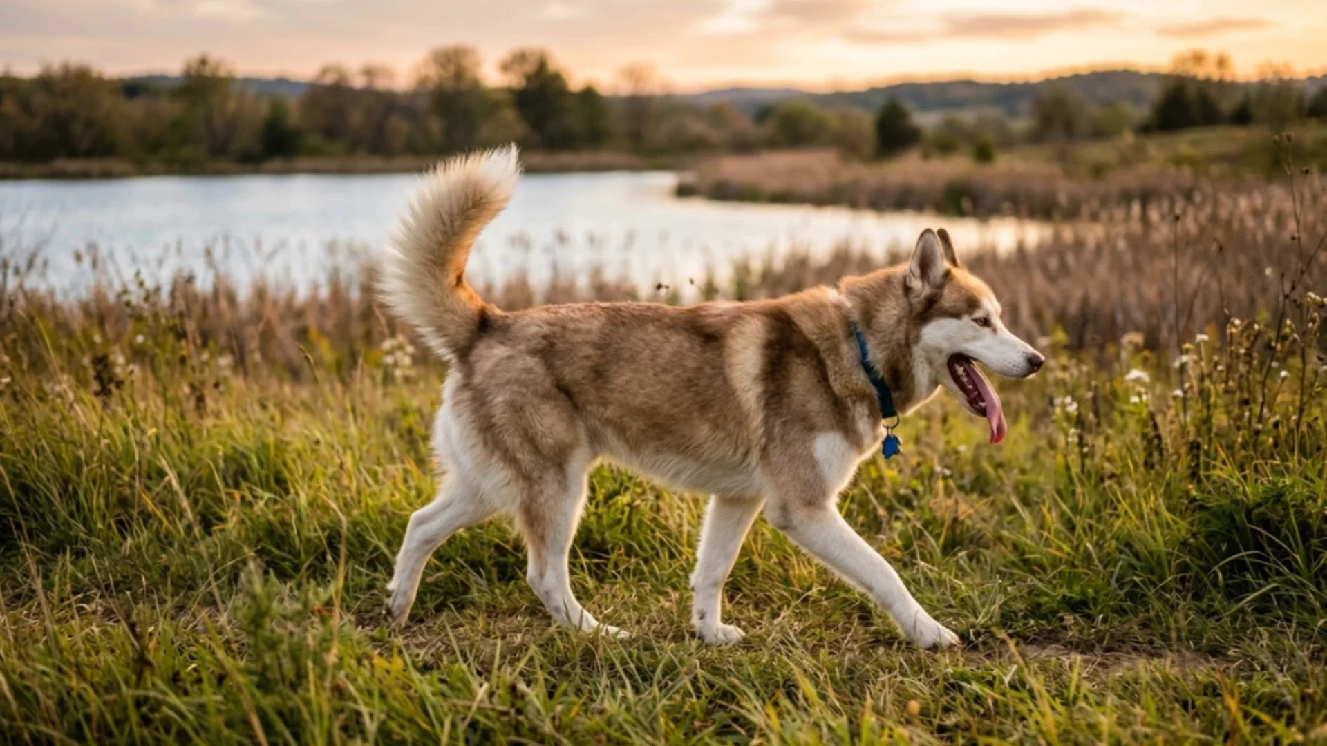 Siberian Husky walking through tall grass beside a lake at sunset