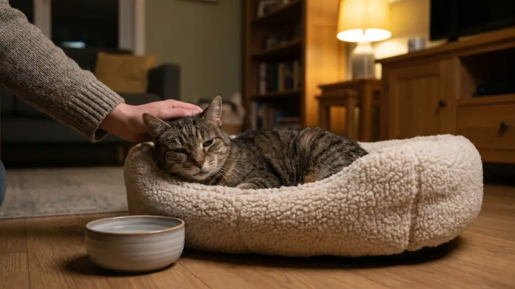 Sick cat resting in cozy bed