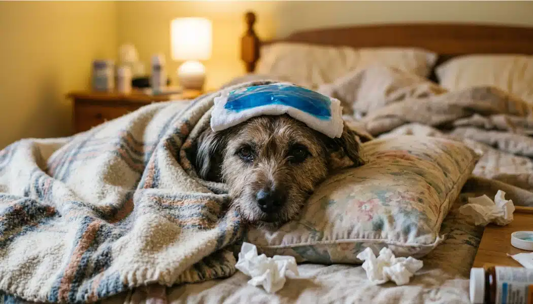 Sick dog resting in bed with an ice pack, tissues, and medicine nearby