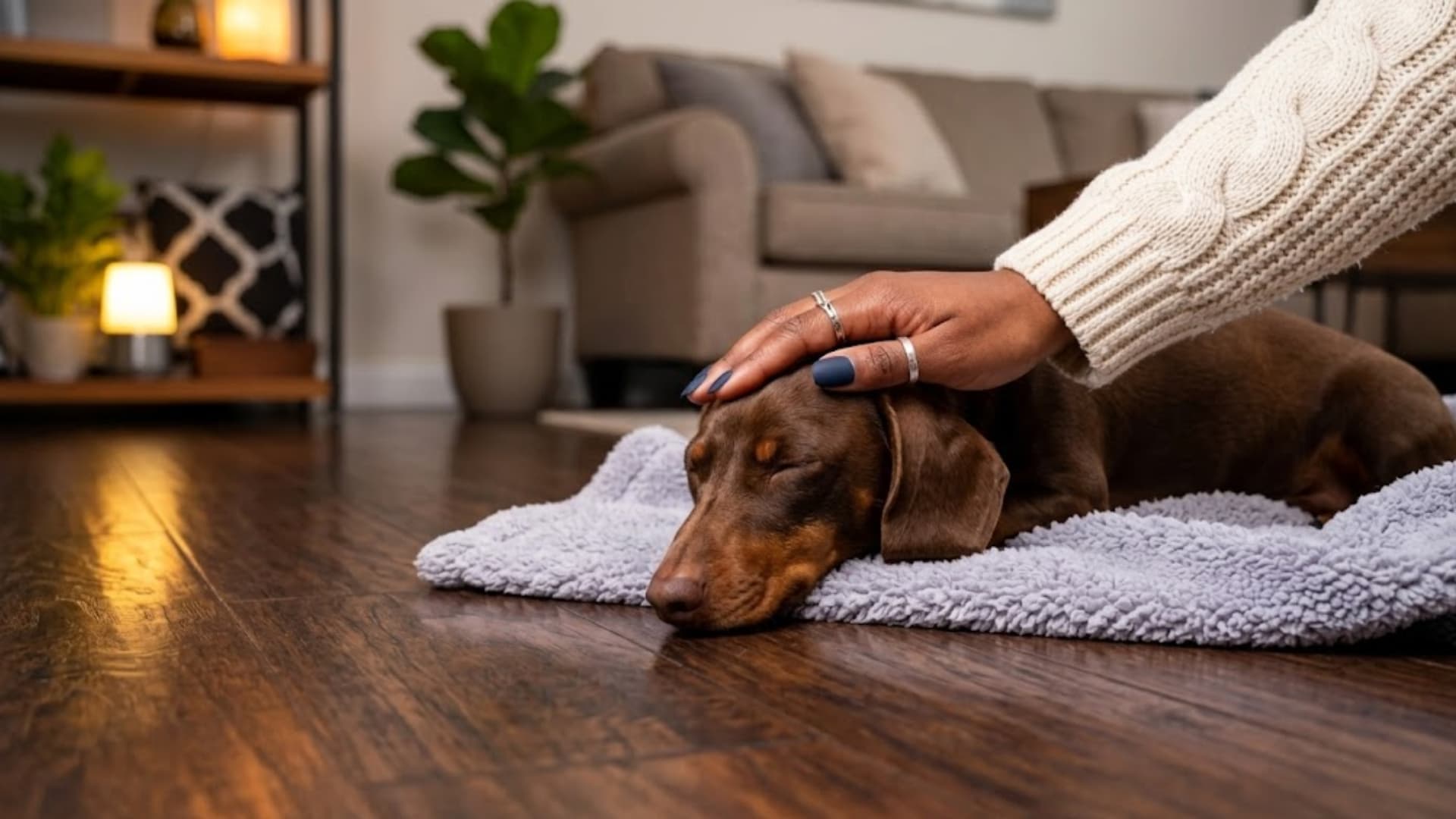 Sick dog resting on blanket at home while owner comforts and pets gently