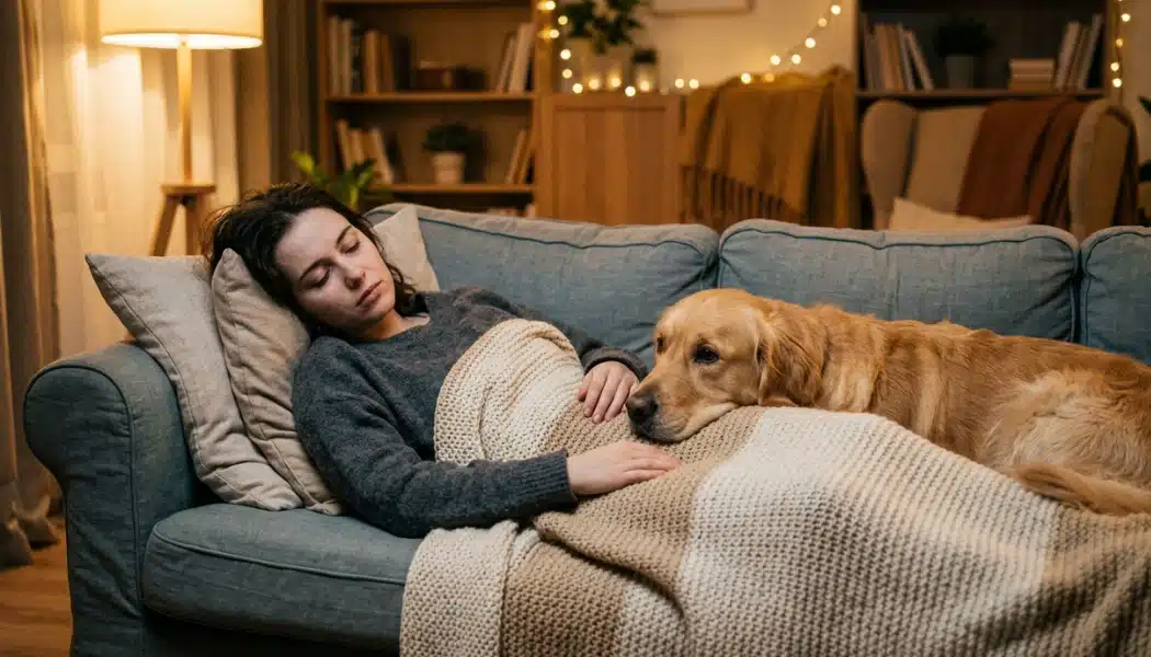 Sick woman on the couch with her golden retriever dog staying close by her side