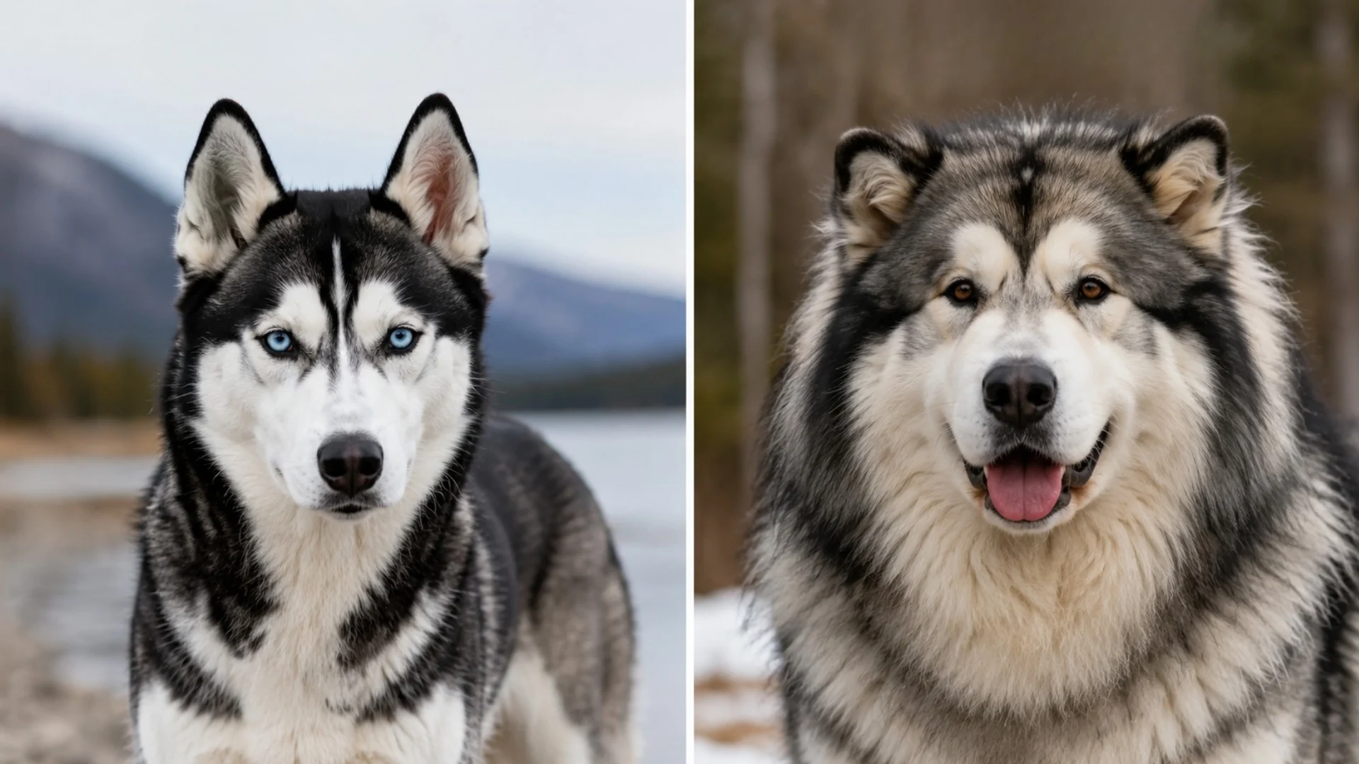 Side-by-side comparison of a sleek Siberian Husky with blue eyes and a fluffy Alaskan Malamute with brown eyes.