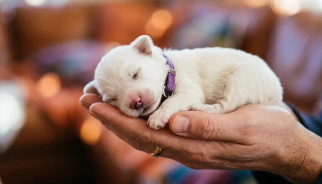 Sleeping newborn white puppy with eyes closed, resting in someone’s hands