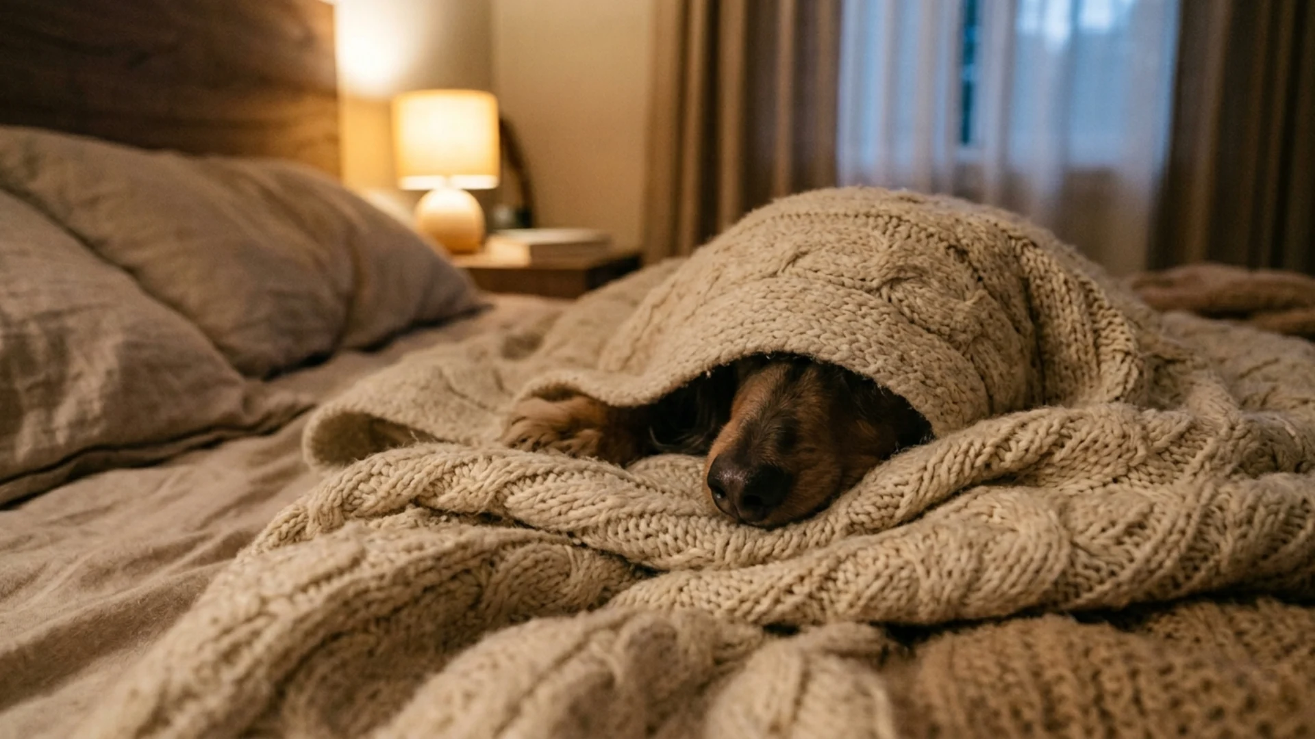 Sleeping dog tucked beneath a chunky knit blanket on a cozy bed, with only its nose and paws visible