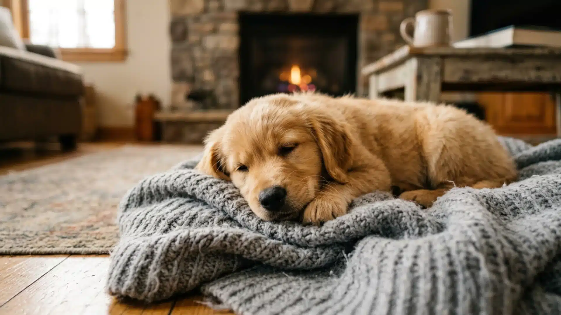 Sleepy golden retriever puppy resting on a soft grey blanket at home after a vet visit