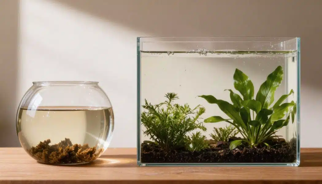 Small 1-gallon betta bowl next to a larger 10-gallon rectangular fish tank showing size difference