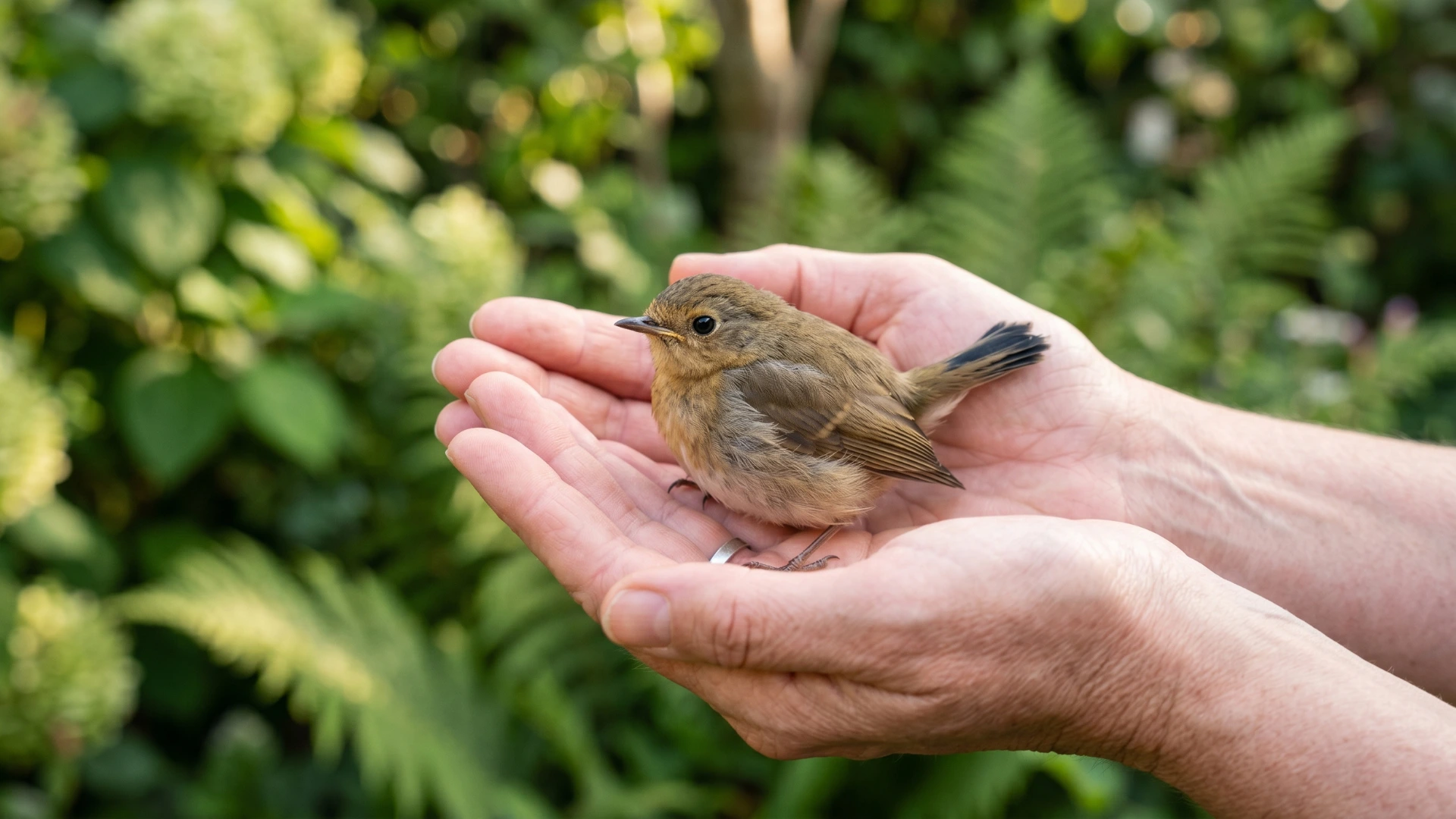 Small bird resting in human hands