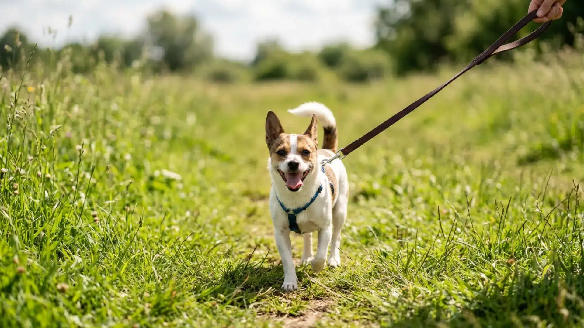 Small Chihuahua Beagle mix walking on a leash through a grassy field during a bright sunny day outdoors