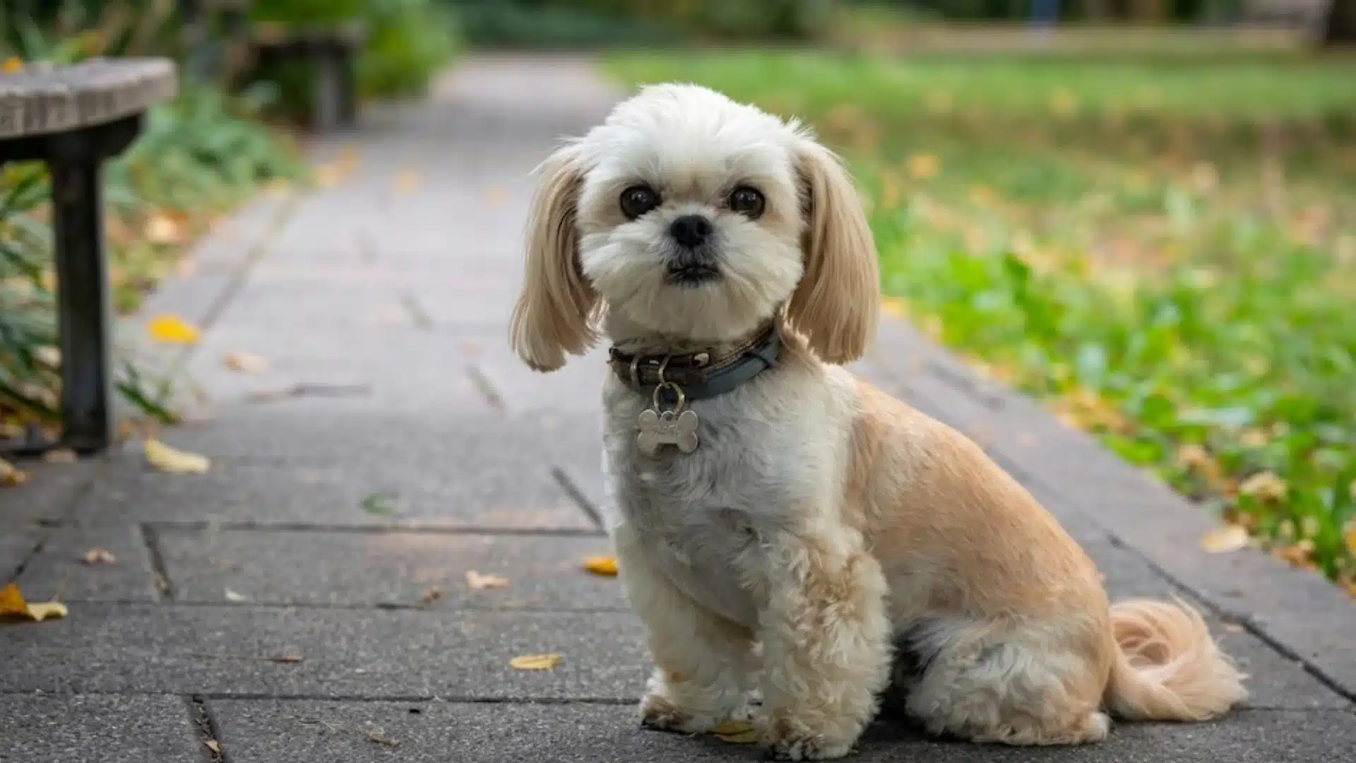 Small cream and tan Shih Tzu dog sitting on a park path with a collar, grass, and fallen leaves behind it