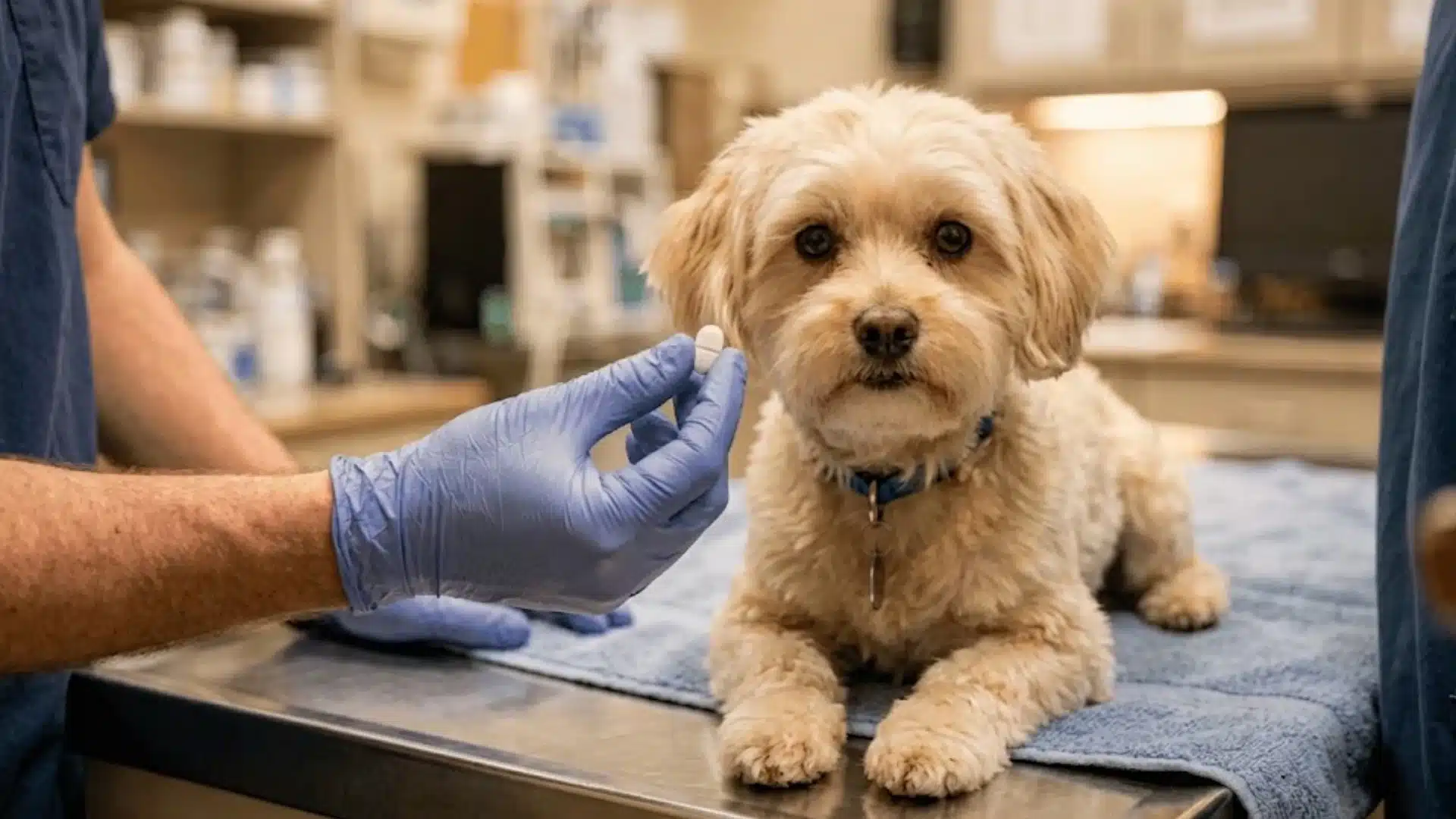 Small cream dog on vet exam table as a gloved vet hand holds a pill during a checkup with staff nearby
