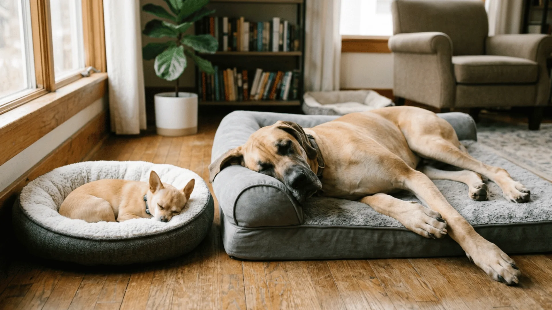 Small and large dog breeds sleeping side by side showing different sleep needs