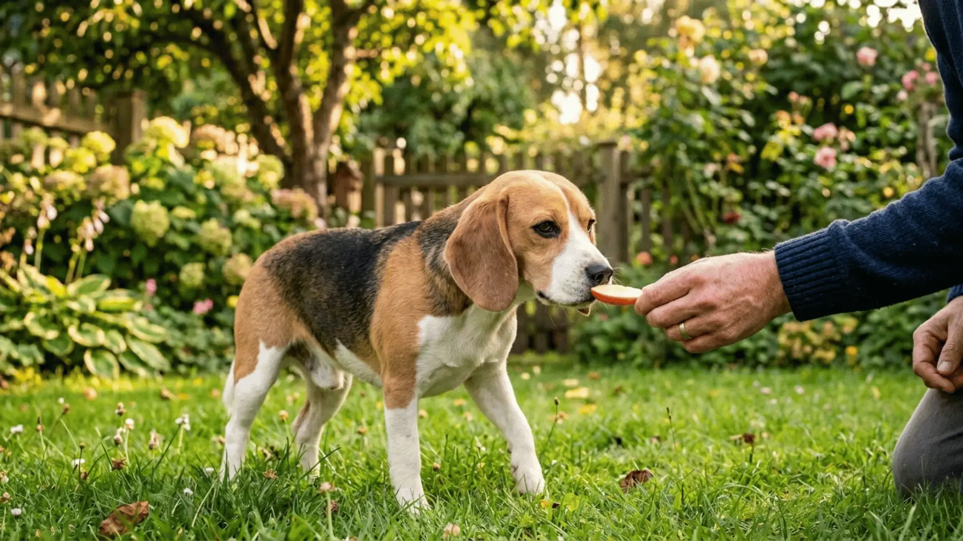 Small dog sniffing an apple slice offered by owner outdoors