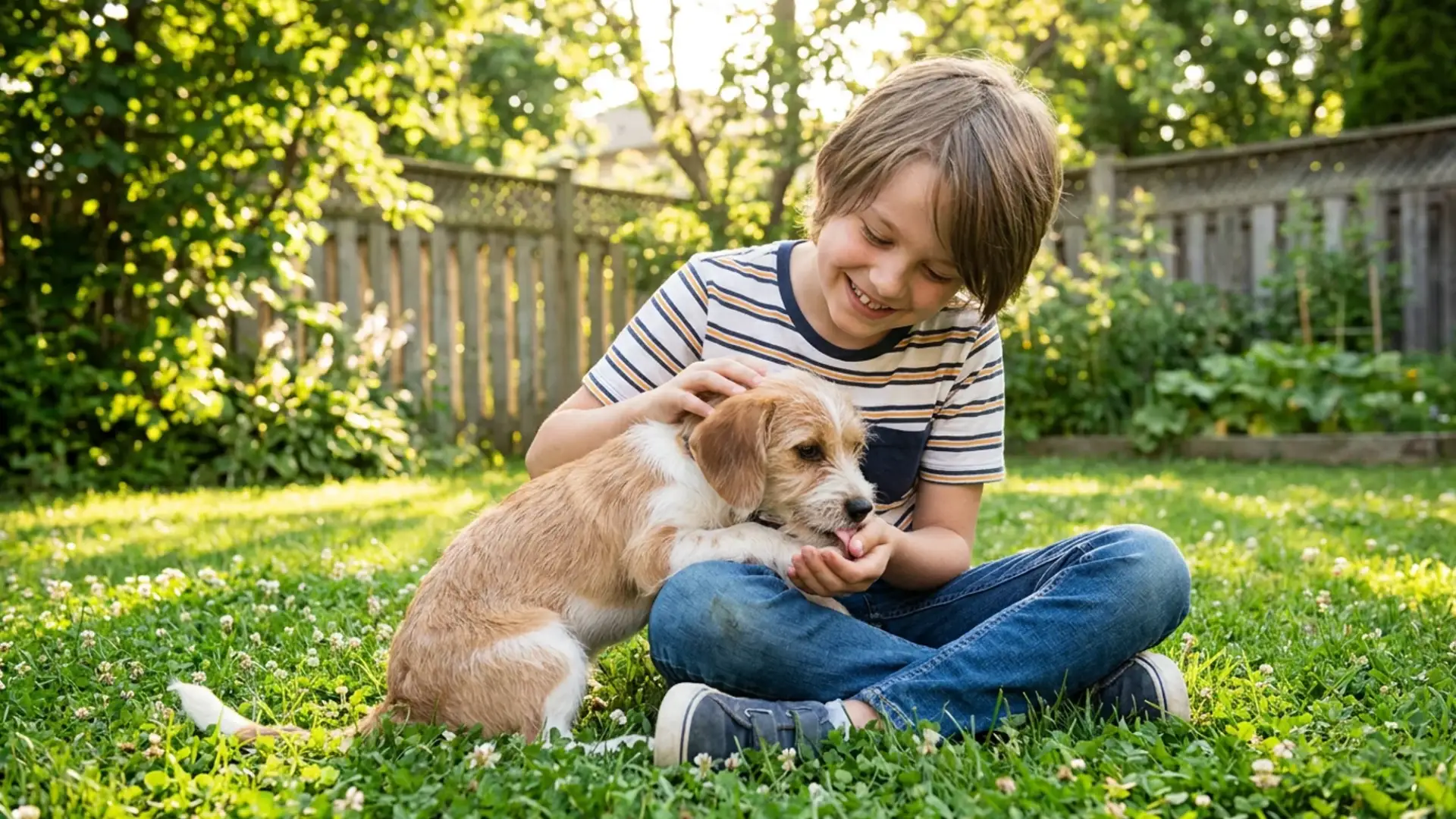 Smiling child sitting on grass and gently petting a small dog in a sunny backyard surrounded by greenery