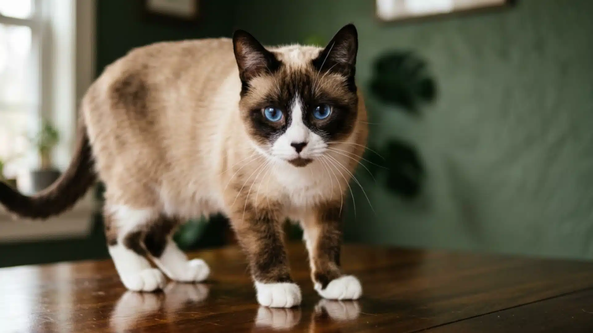 Snowshoe cat on wooden table