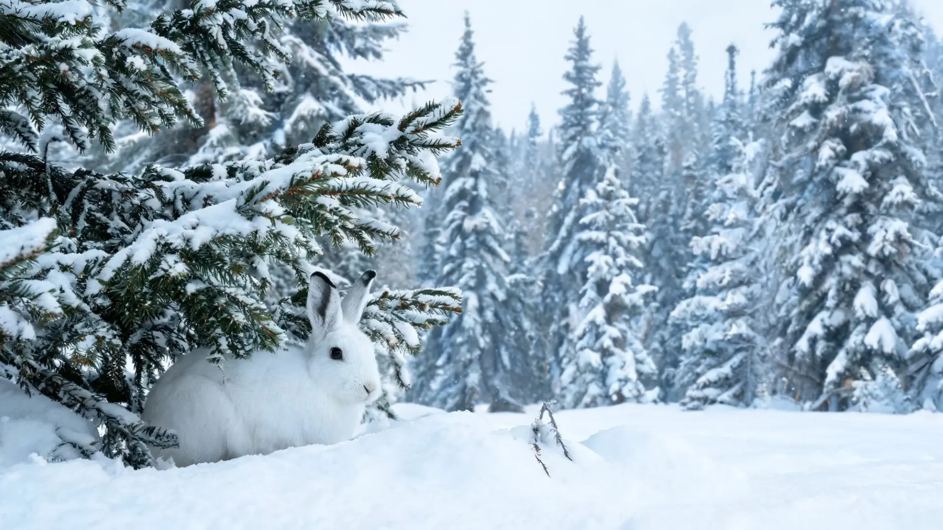 Snowshoe hare with white winter coat resting under snowy pine branches in a cold boreal forest habitat