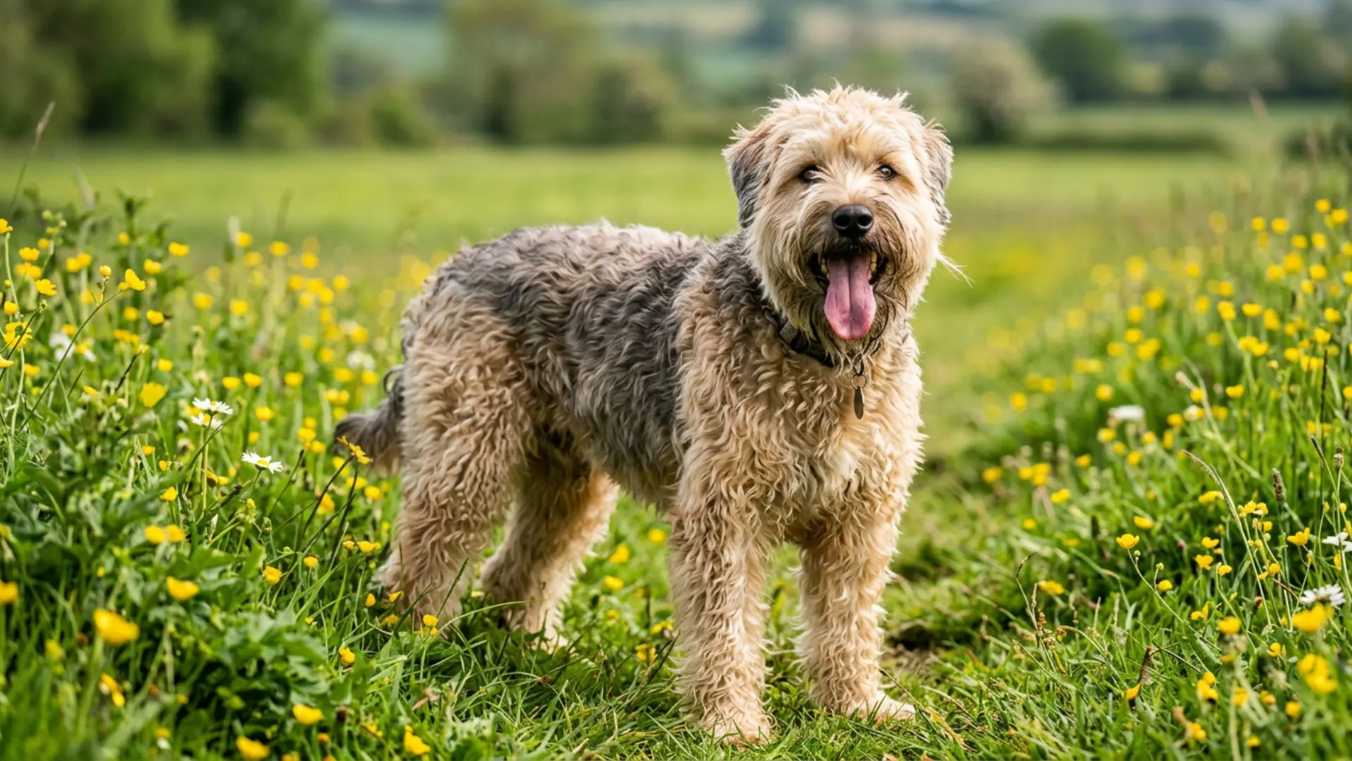 Soft Coated Wheaten Terrier standing in a grassy wildflower field with tongue out and blurred countryside behind