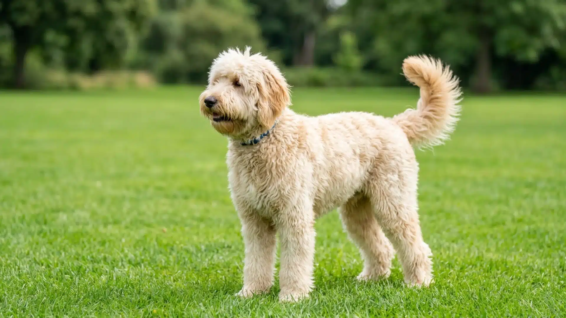 Soft Coated Wheaten Terrier standing on green grass in a park