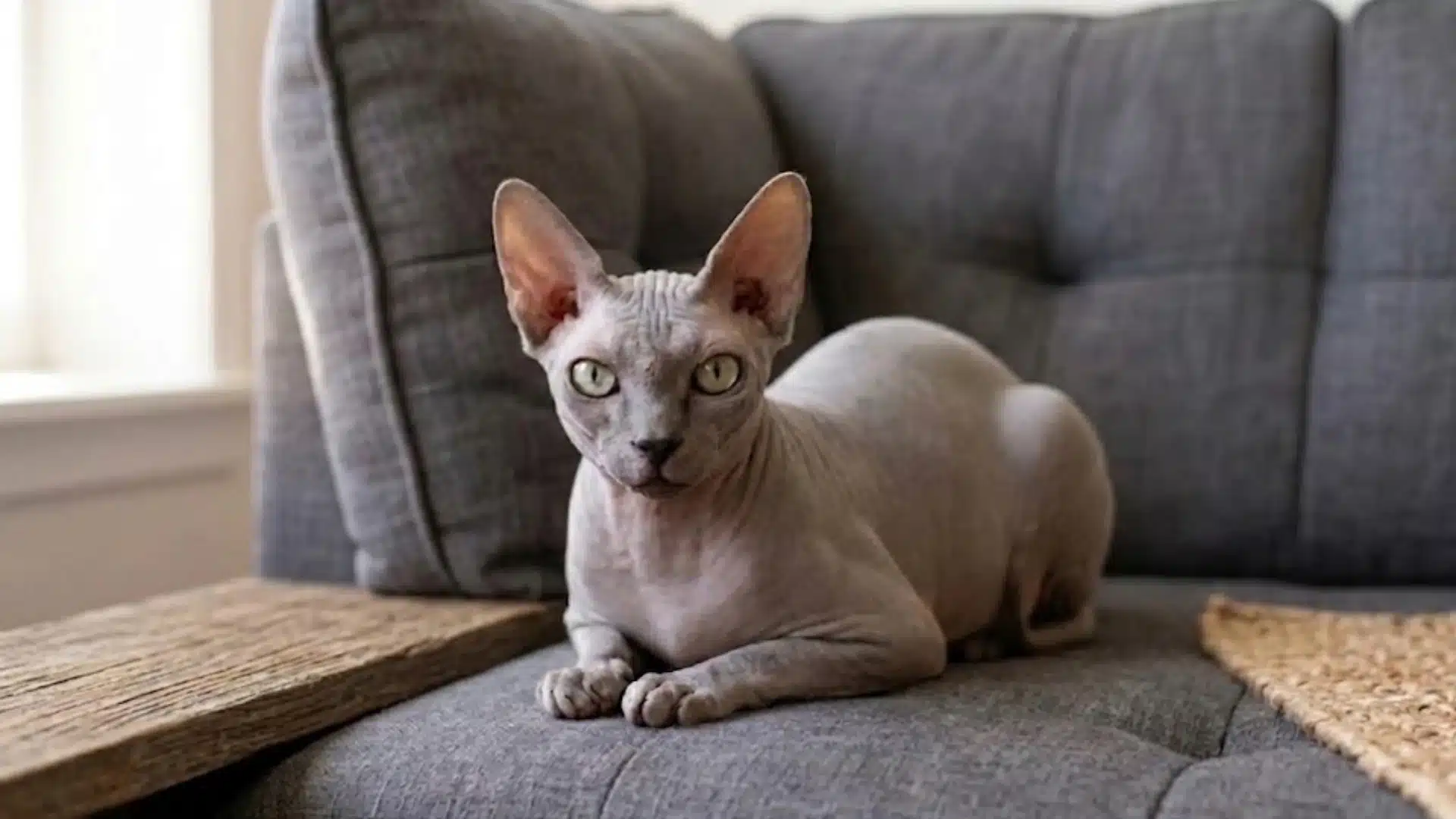 Sphynx cat resting on a gray sofa in a softly lit living room