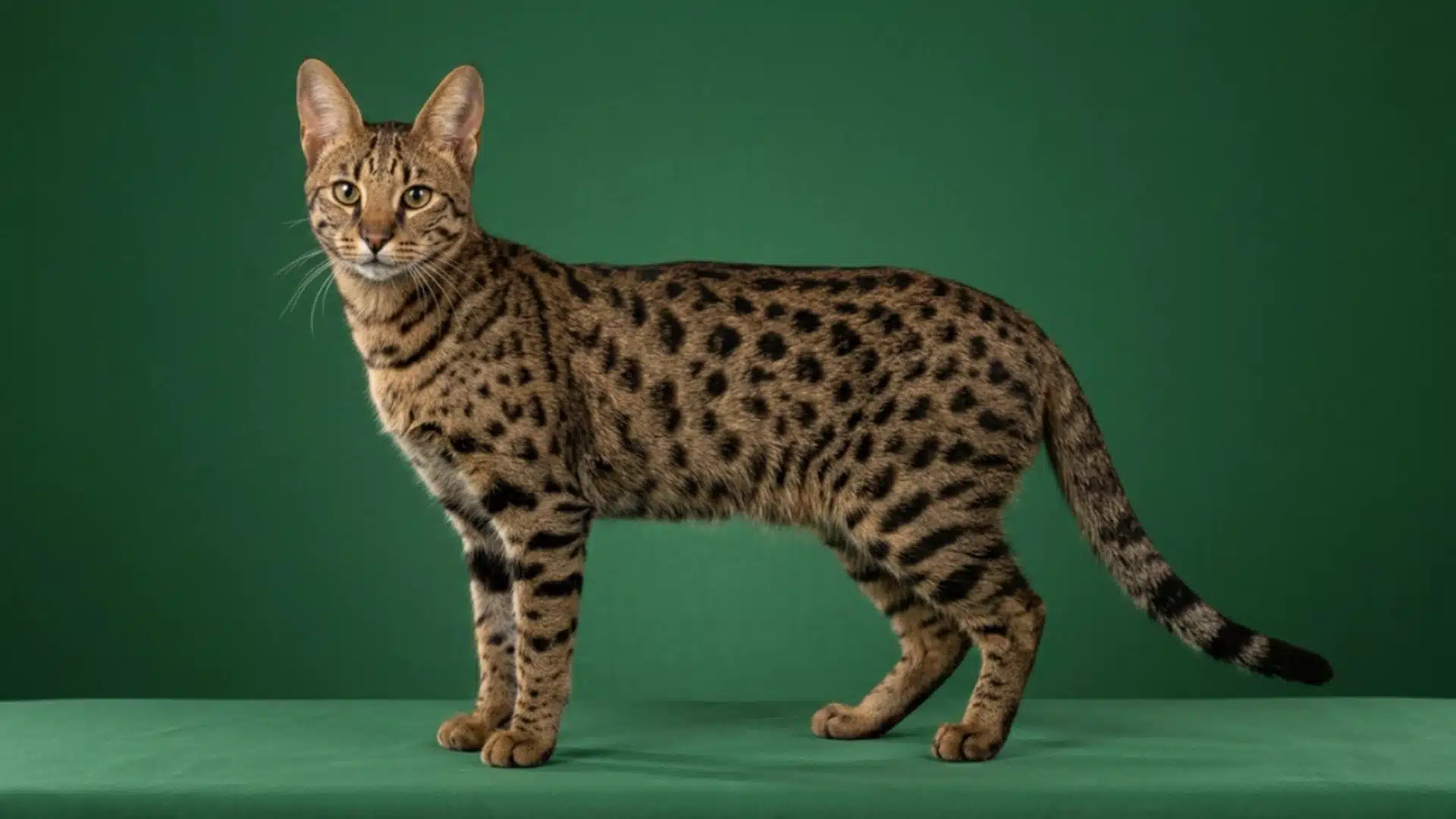 Spotted Ocicat on green background