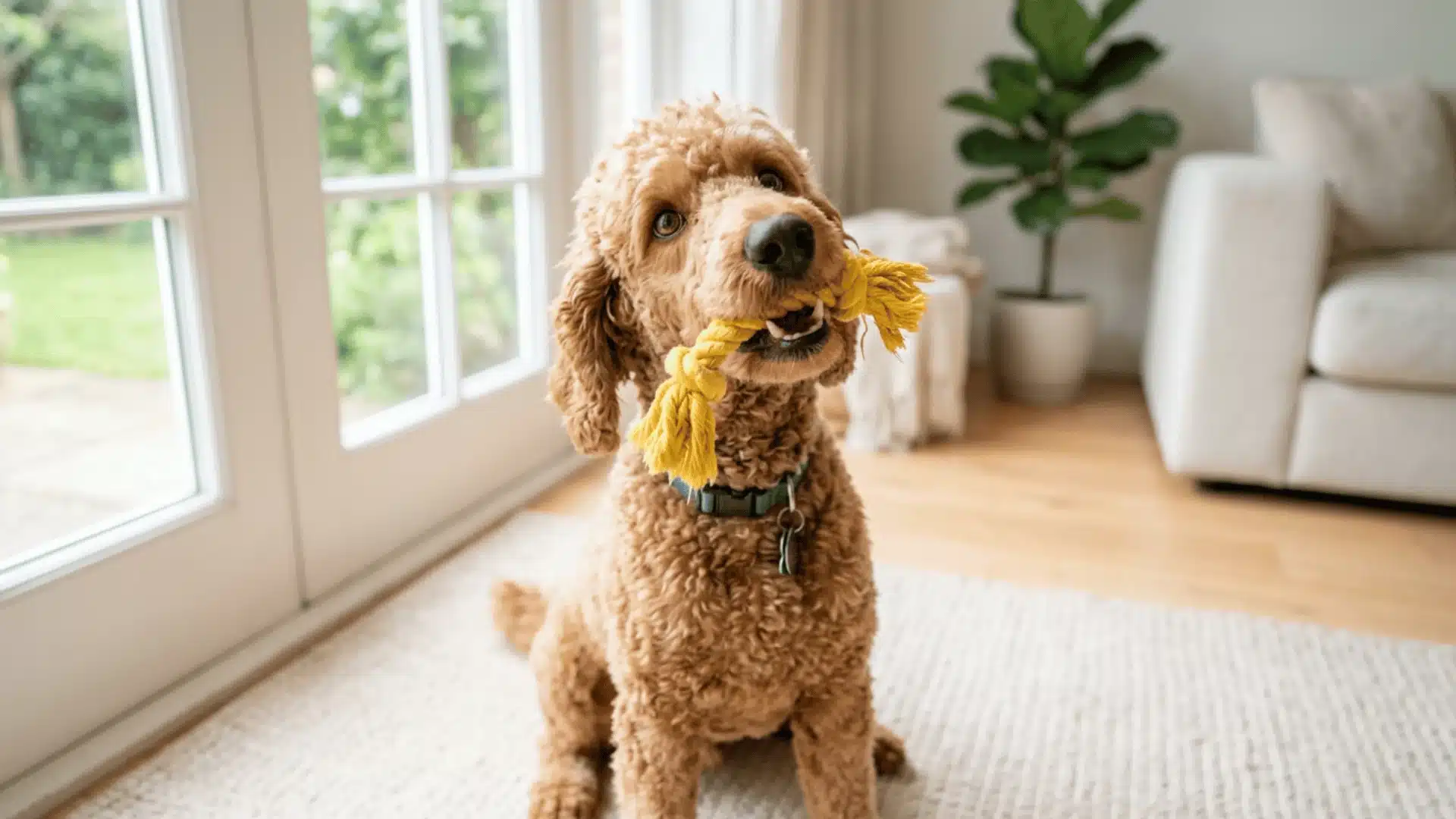 Standard poodle holding toy and looking up, demonstrating poodle memory and retrieve training