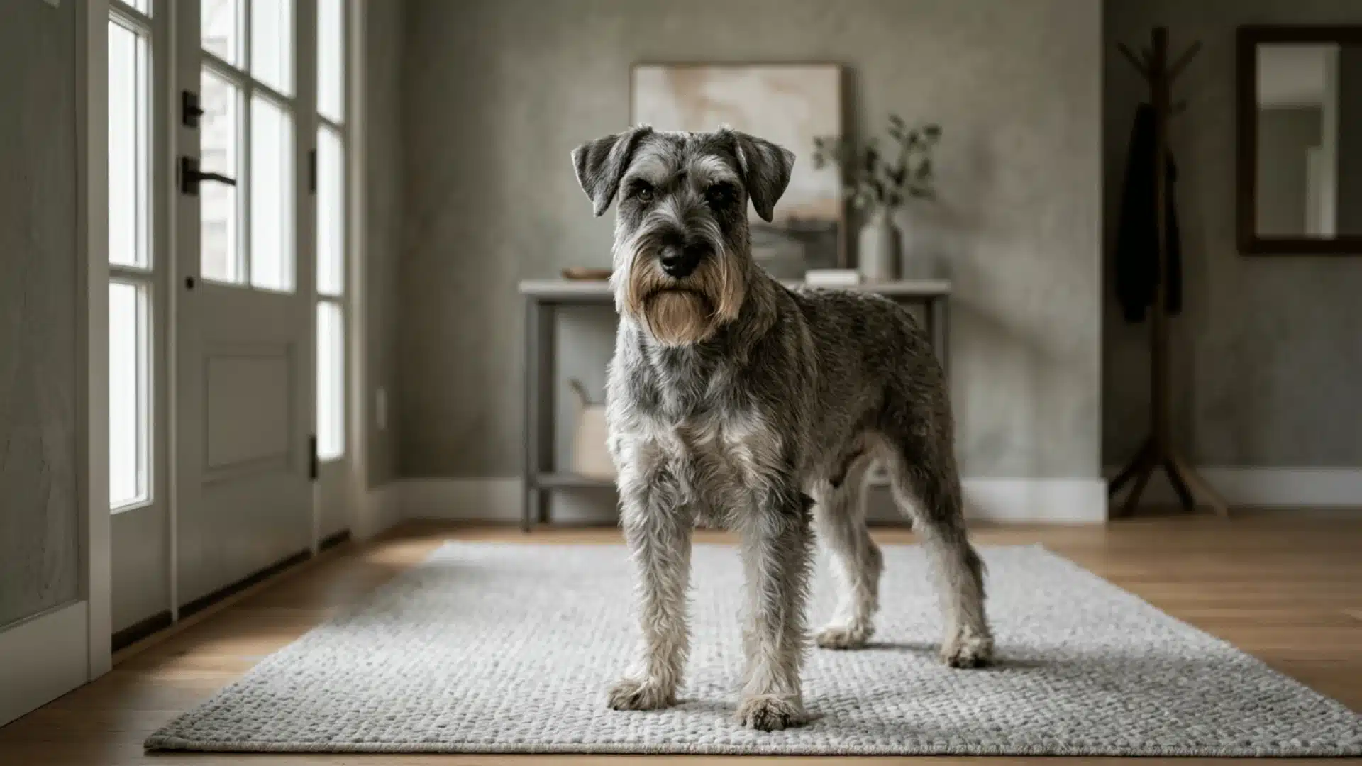 Standard Schnauzer standing in a muted gray entryway with natural daylight