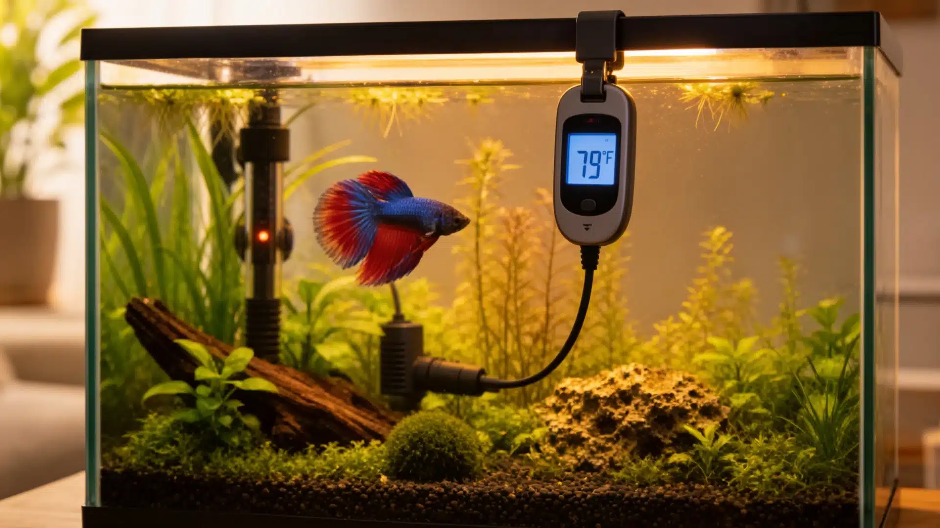Submersible betta fish tank heater next to a digital thermometer reading the ideal water temp of 79°F