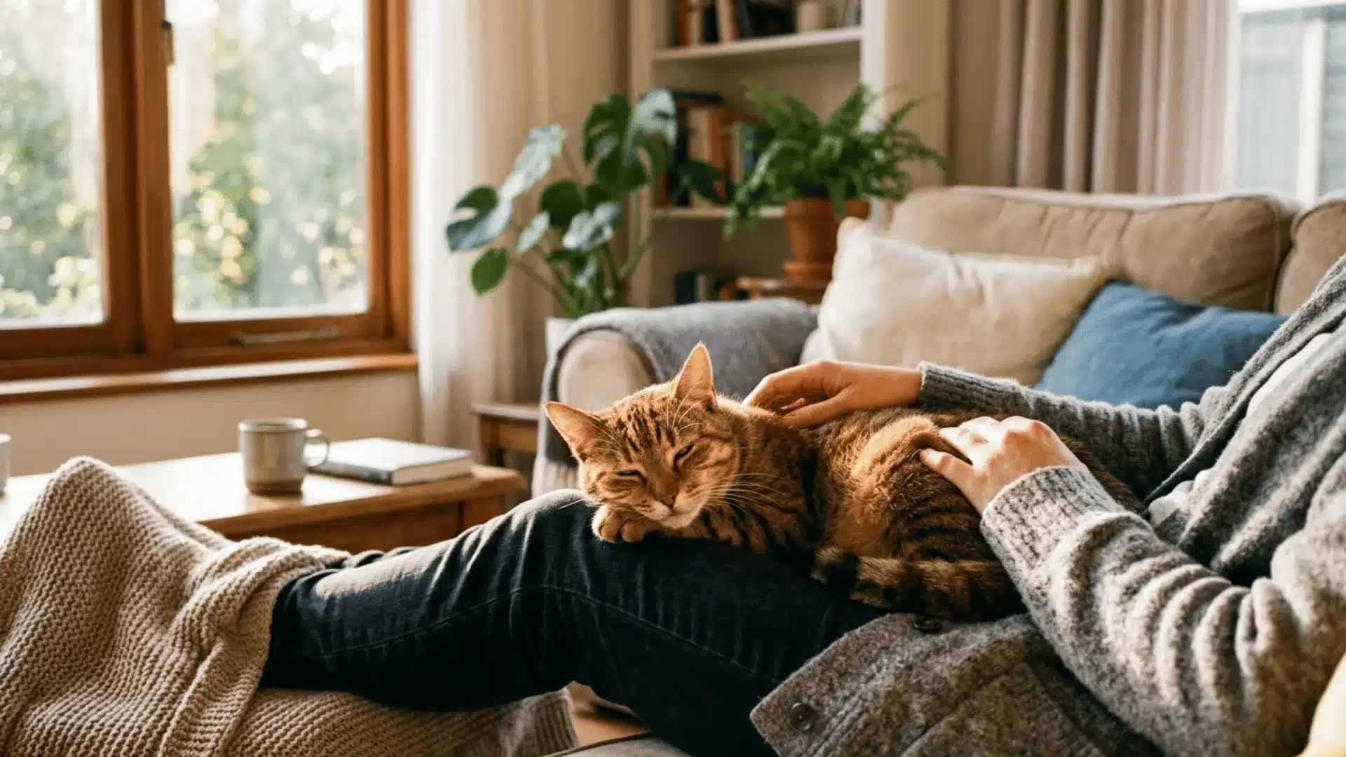 Tabby cat purring on owner's lap in cozy home setting, warm afternoon light