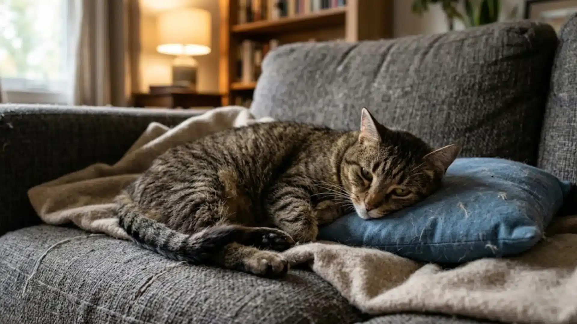 Tabby cat resting on couch with blanket and pillow in cozy living room during quiet afternoon