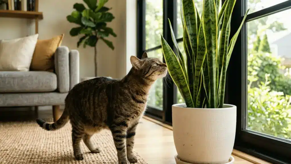 Tabby cat sniffing snake plant leaf indoors are snake plants toxic to cats