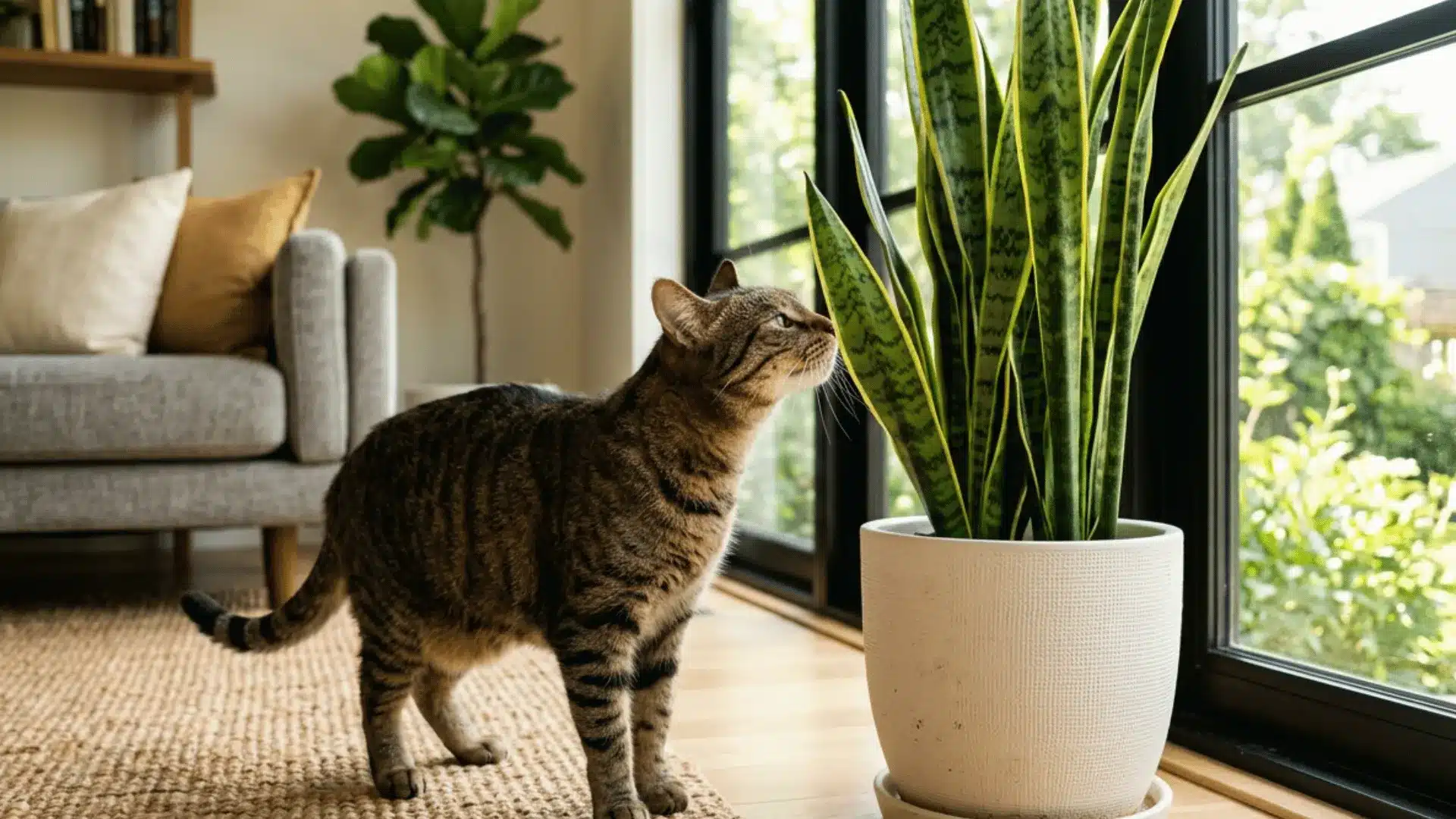 Tabby cat sniffing snake plant leaf indoors are snake plants toxic to cats