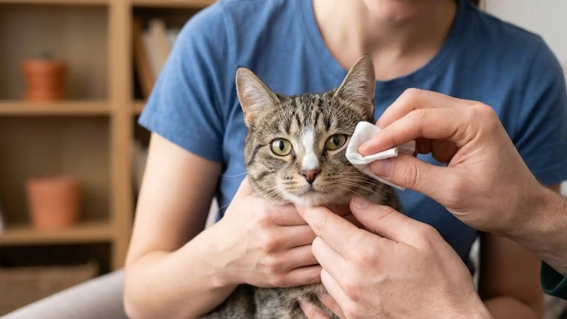 Tabby cat being gently held while a person cleans its eye with a soft white pad indoors