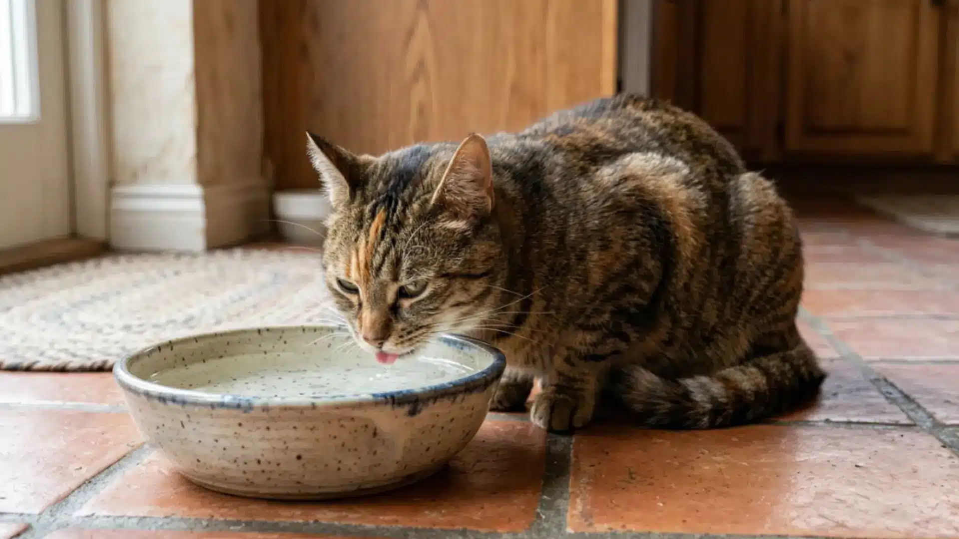 Tabby cat drinking from a wide shallow ceramic water bowl on a tile floor