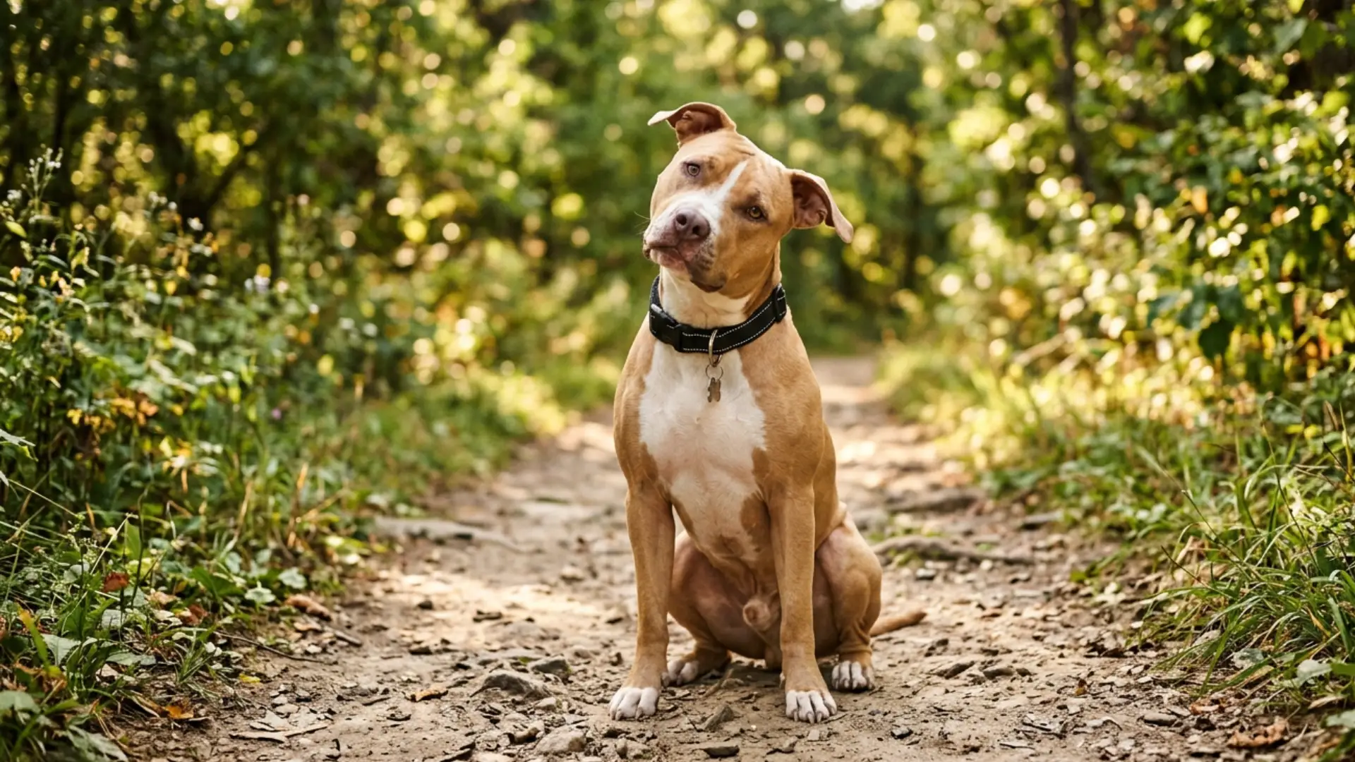 Tan pit bull sitting on a sunlit forest path