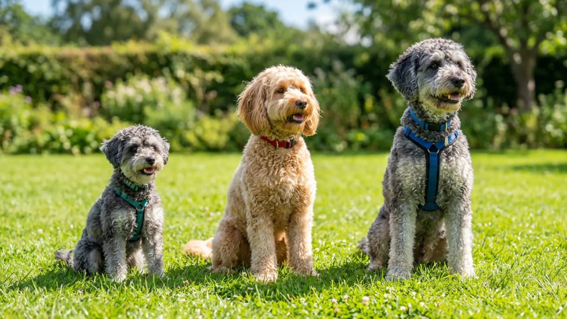_Three schnoodle dogs side by side showing miniature, standard, and giant schnauzer poodle mix sizes