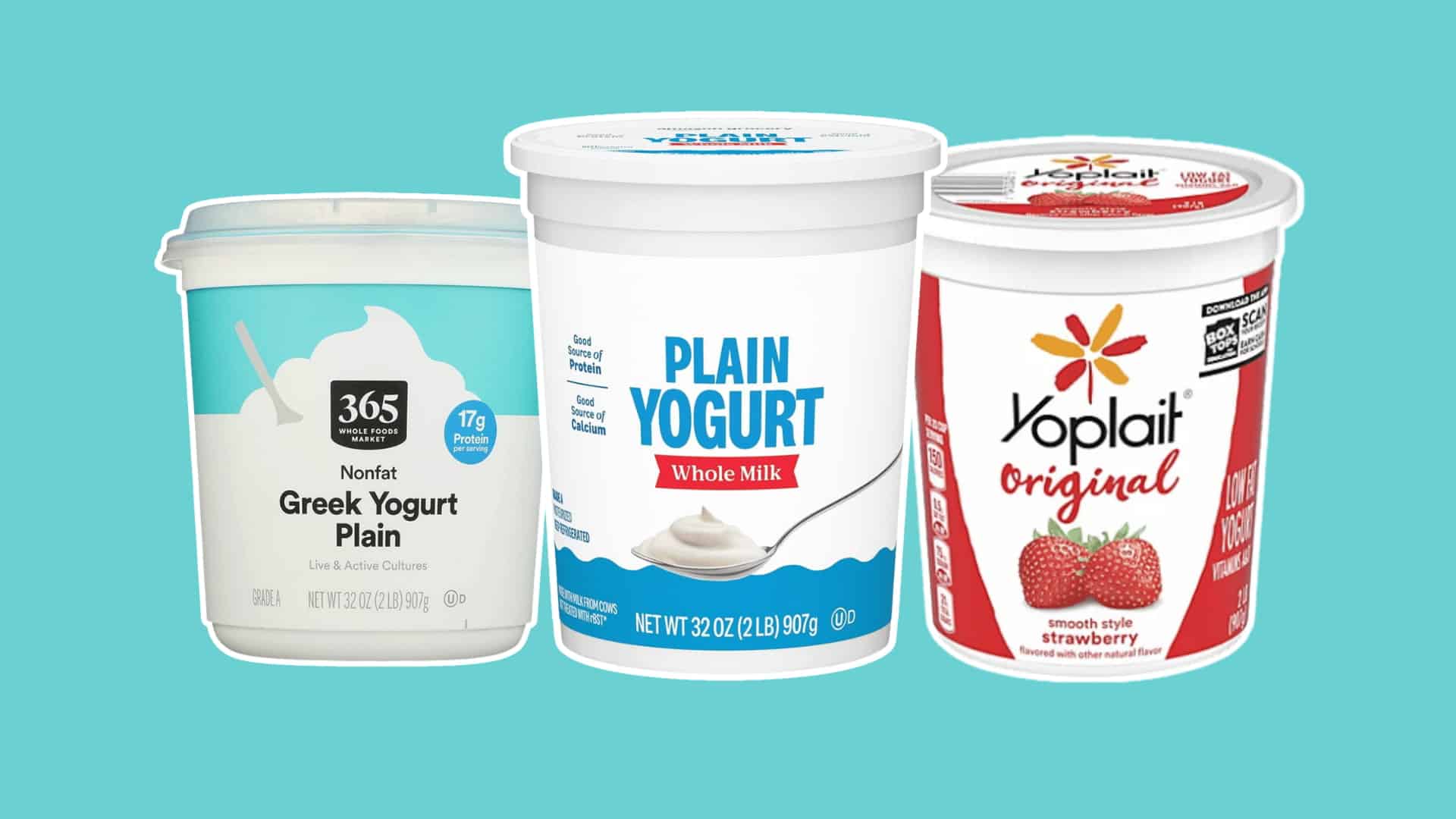 Three yogurt containers: 365 Greek, Amazon Plain, and Yoplait Strawberry