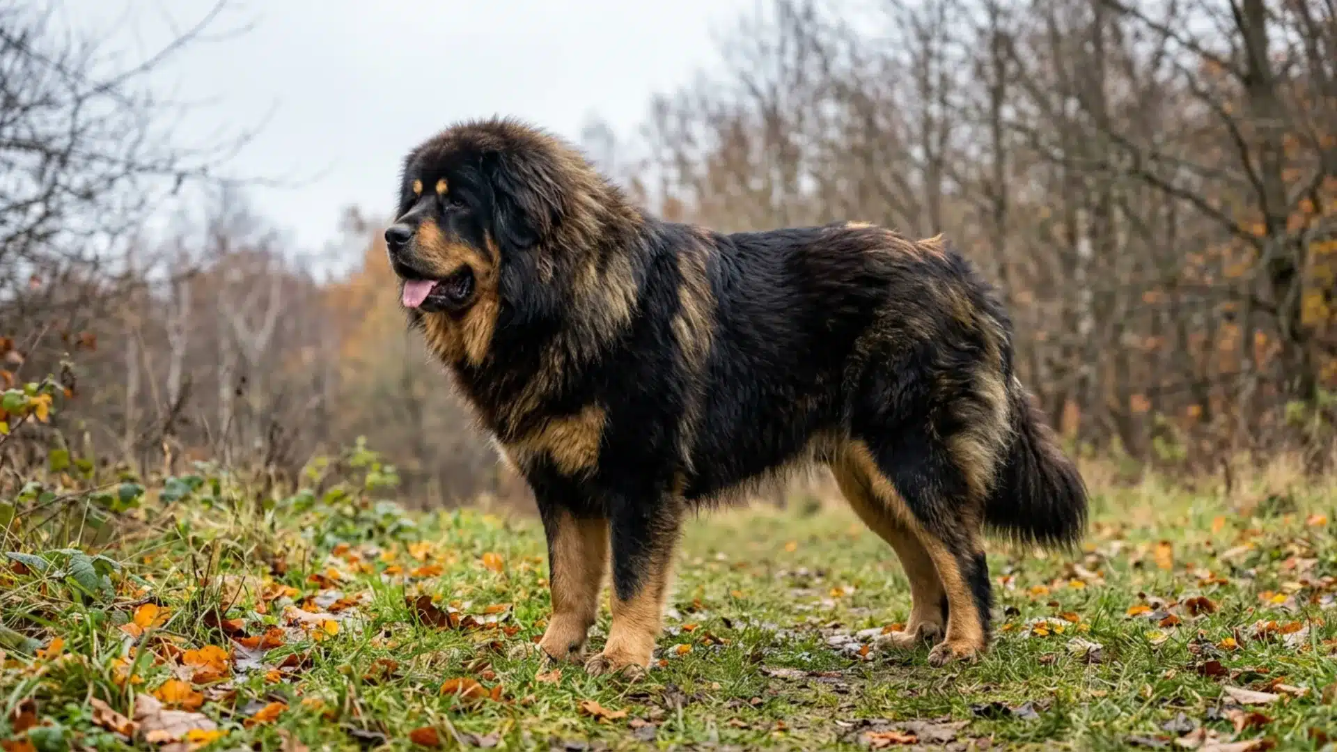 Tibetan Mastiff standing on a leaf-covered path in the woods.