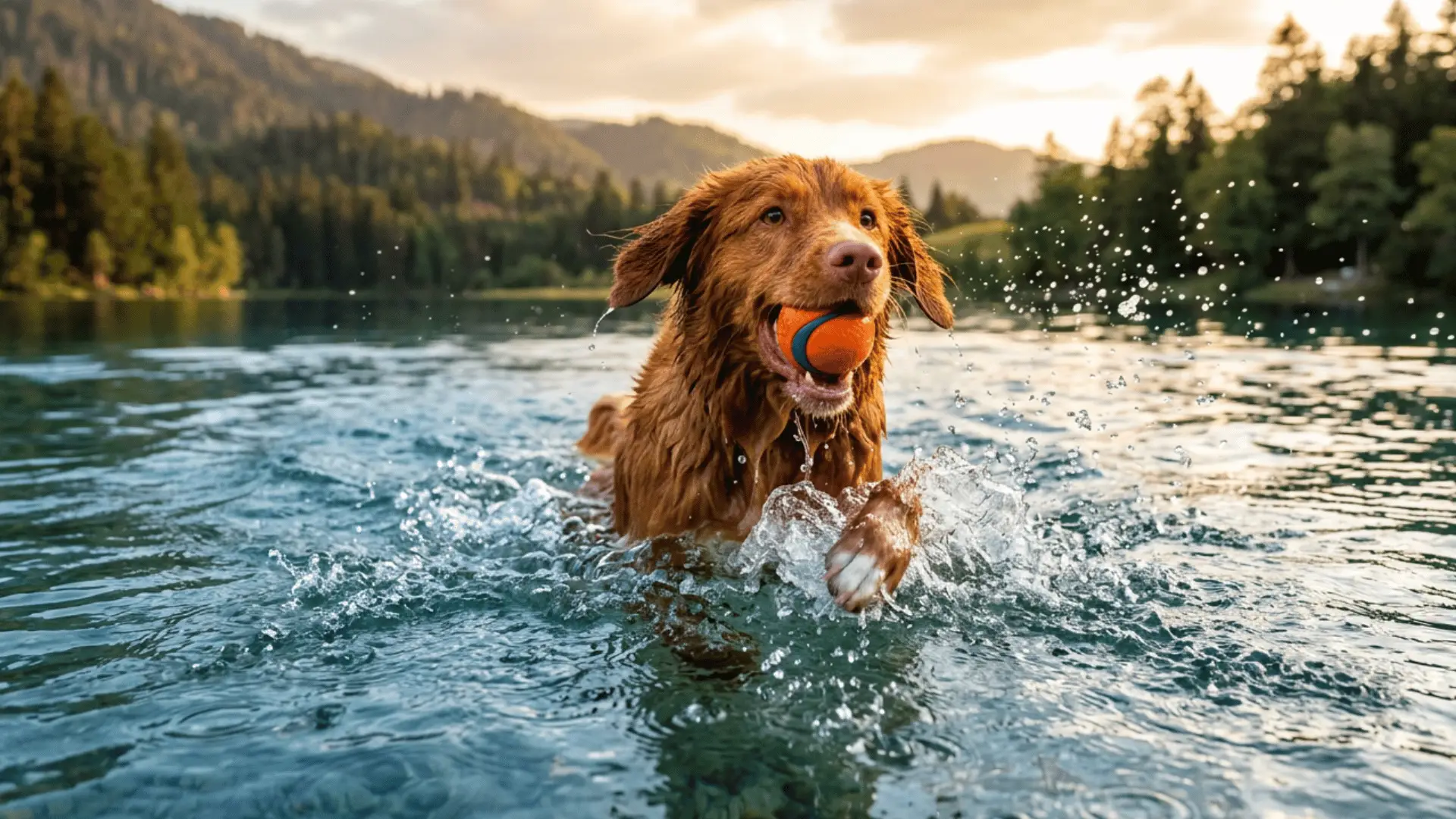 Toller dog swimming in a lake retrieving a toy, showing natural water instincts
