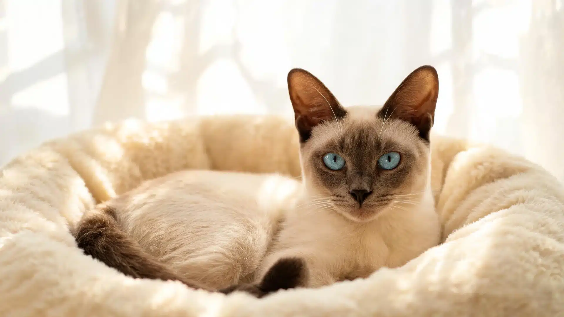 Tonkinese cat with blue eyes resting in a cream plush bed