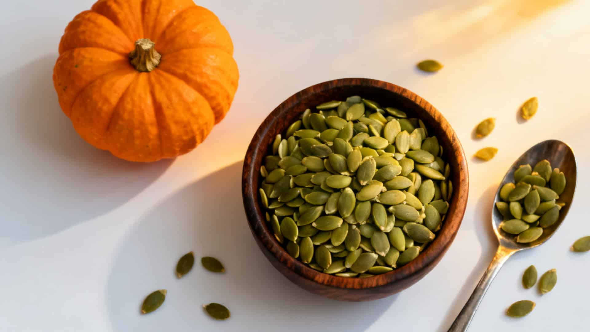 Top-down view of a small pumpkin, a wooden bowl of green pumpkin seeds, and a spoon on a white surface
