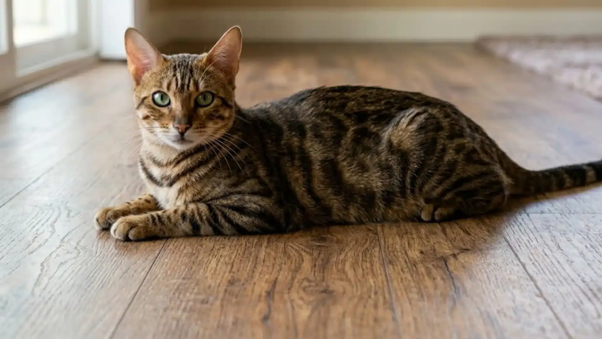 Toyger cat lying on a wooden floor indoors with green eyes and a relaxed posture