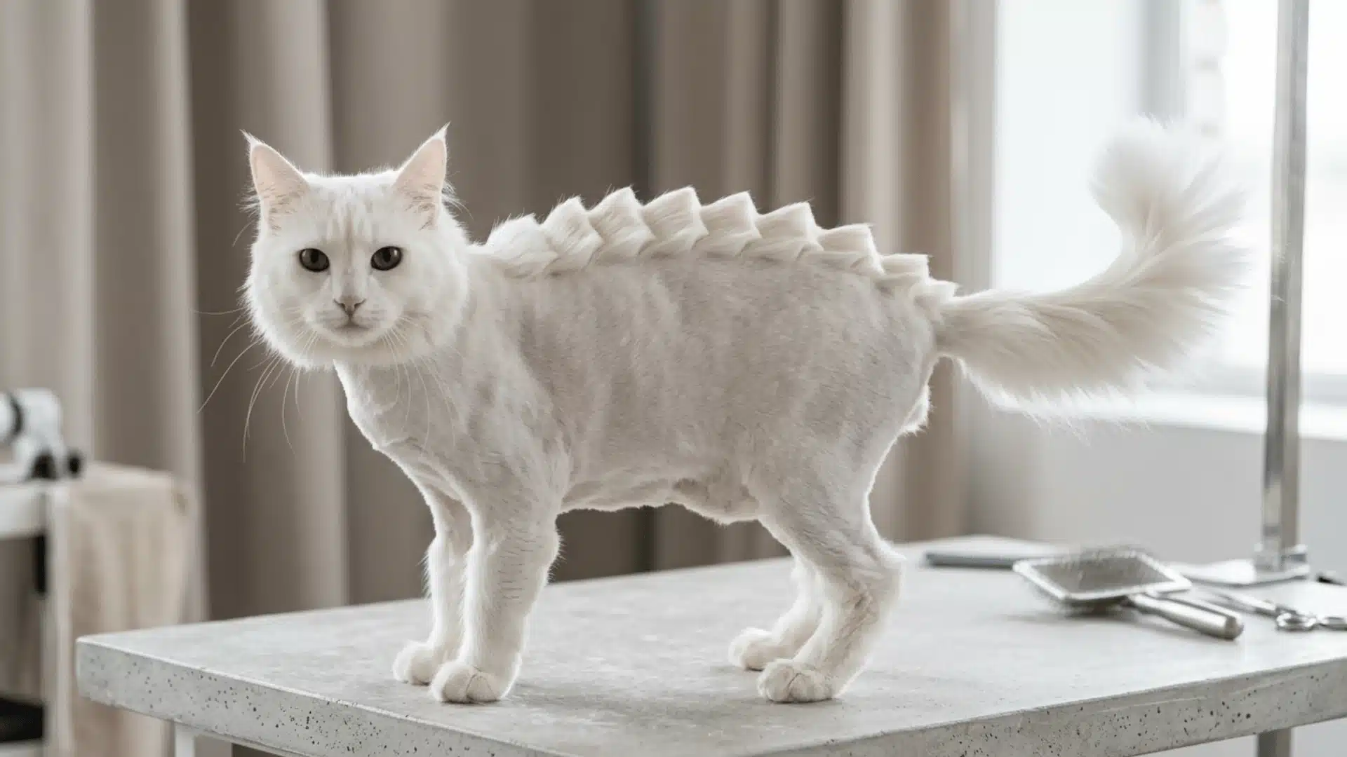 Turkish Angora with dragon cut and dino-style fur ridge