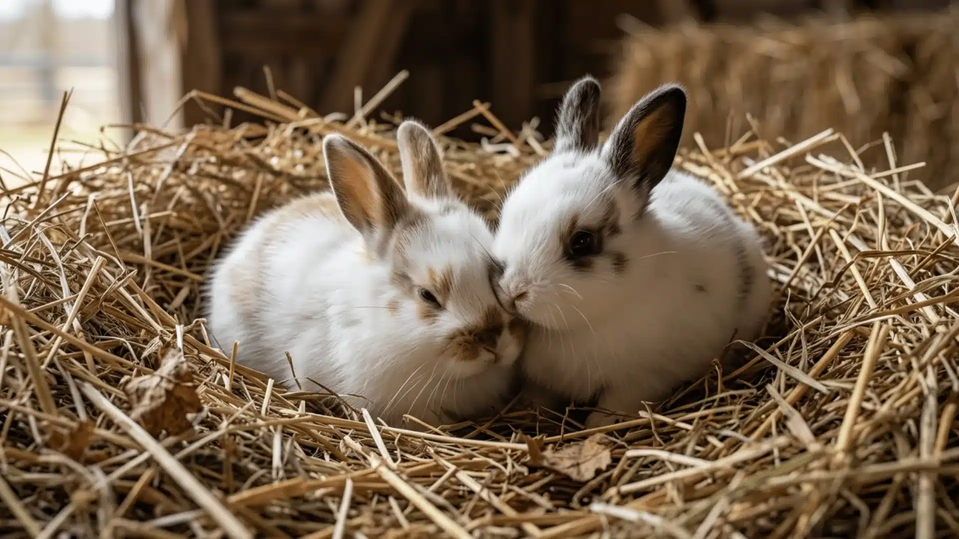 Two baby rabbit curled in hay nest, eyes closed, early days of life