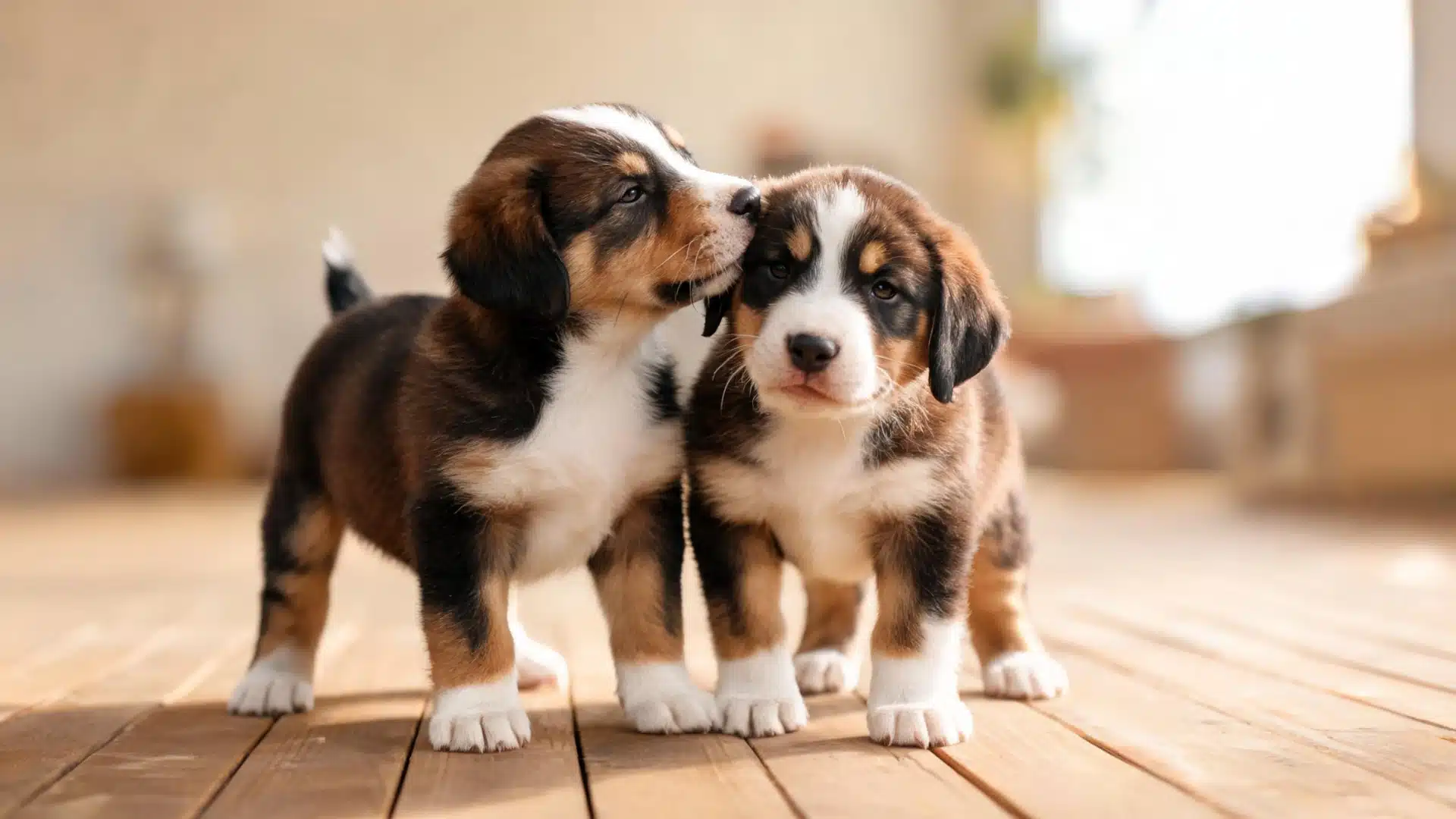 Two Bernese Mountain Dog puppies cuddling on a sunlit wooden floor indoors