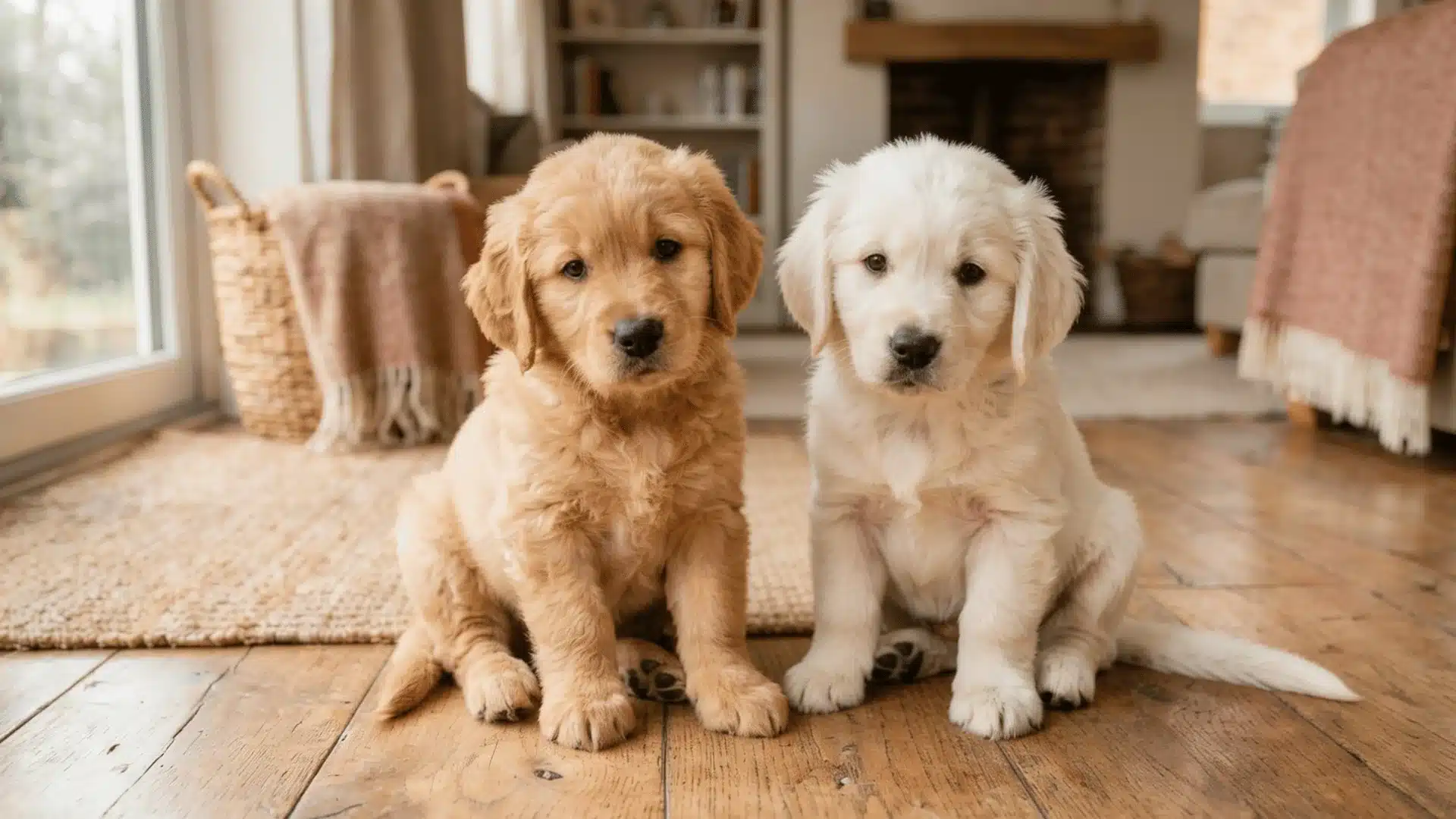 Two golden retriever puppies, one dark and one light cream, sit side-by-side on a wooden floor indoors