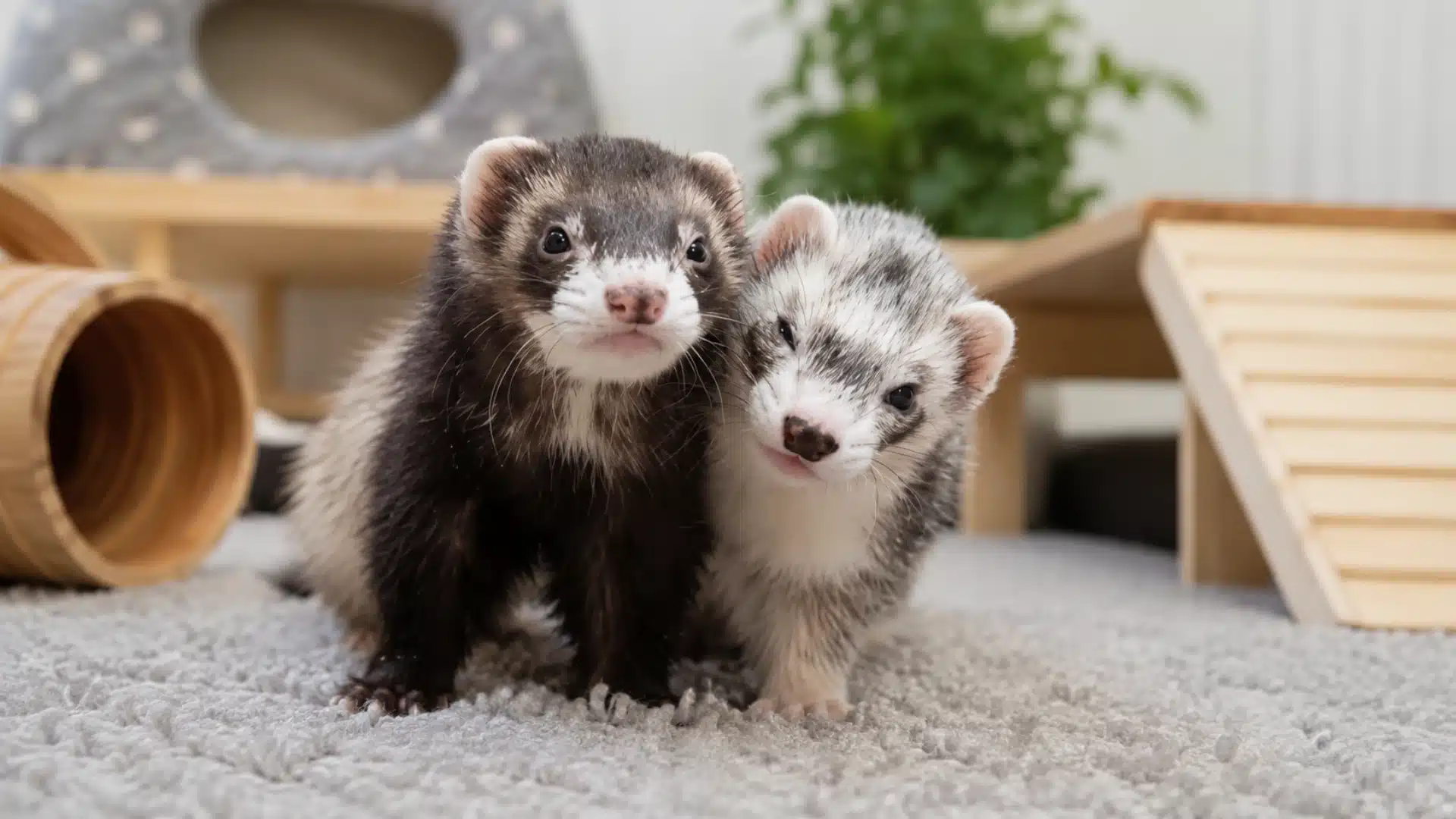 Two pet ferrets sitting indoors on a soft carpet with wooden toys in background