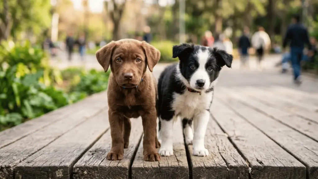 Two puppies, a chocolate lab and a black-and-white border collie, stand side-by-side on a wooden walkway in a park
