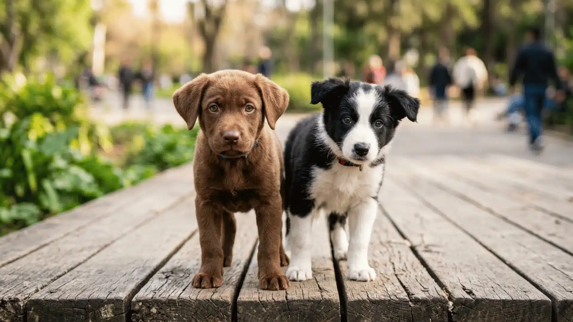 Two puppies, a chocolate lab and a black-and-white border collie, stand side-by-side on a wooden walkway in a park