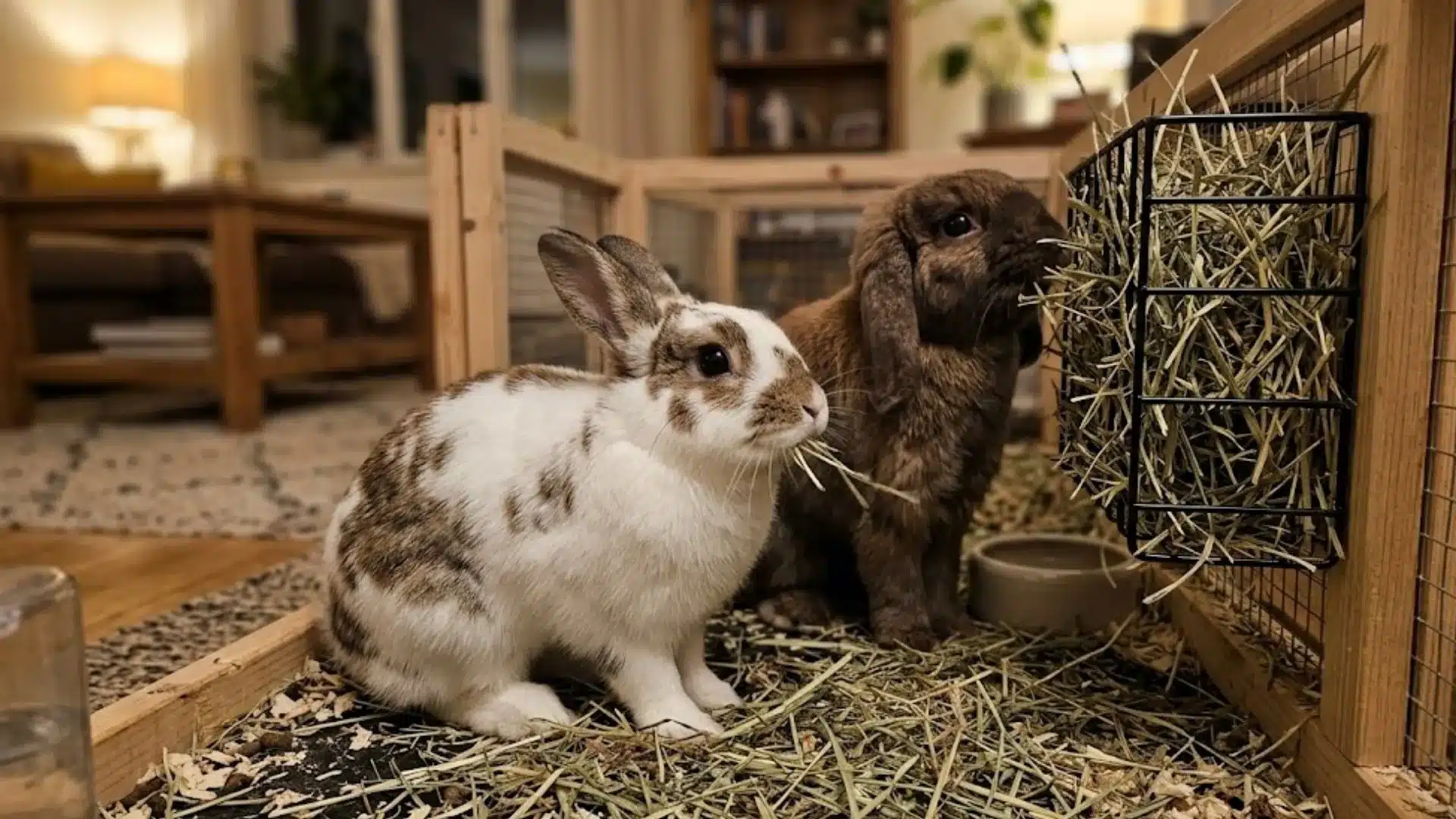 Two rabbits eating hay from a wall rack inside a cozy wooden home enclosure with soft indoor lighting